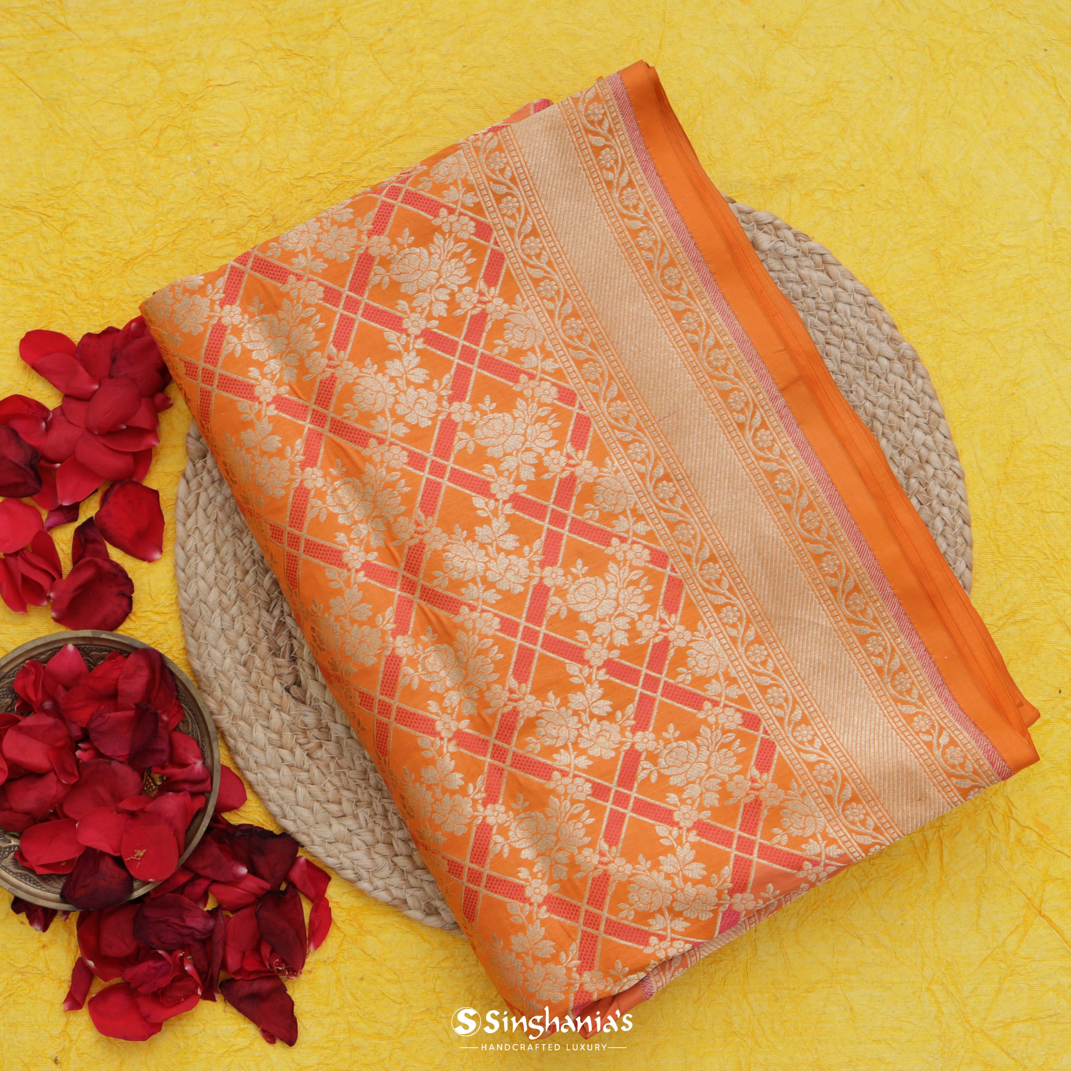 Tiger Orange Silk Banarasi Saree With Striped Floral Pattern