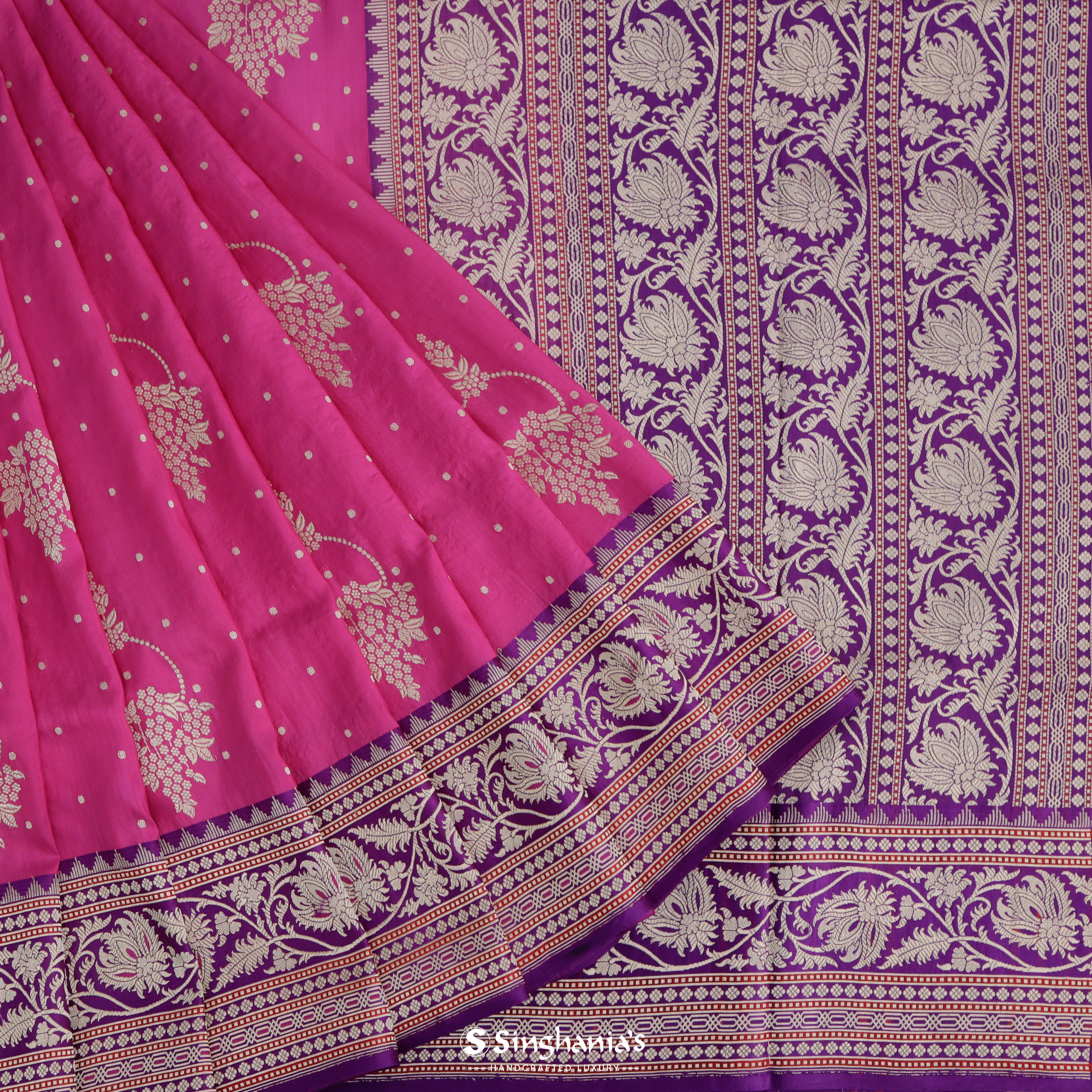 Hot Pink Silk Banarasi Saree In The Floral Pattern