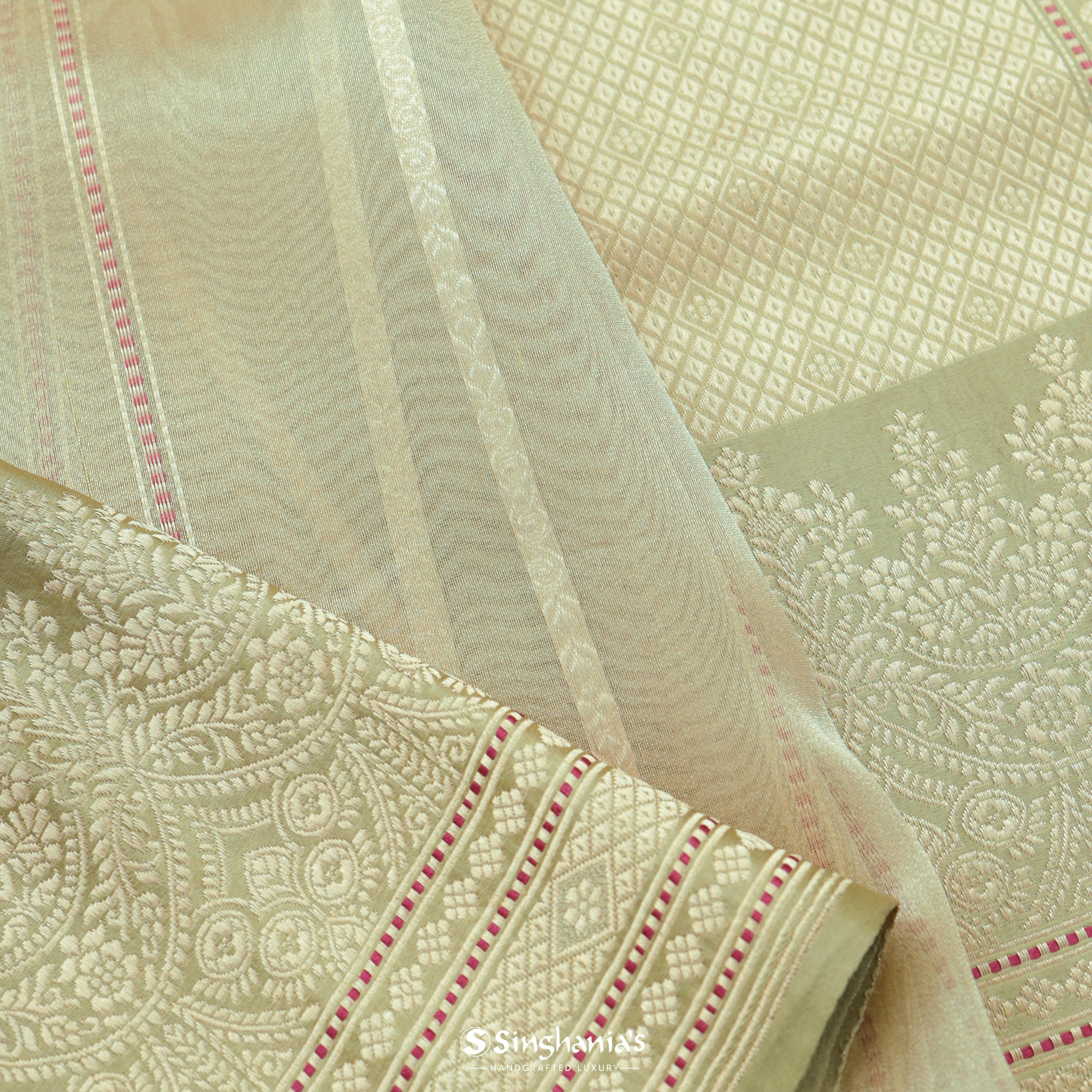 Pastel Green Tissue Banarasi Saree With Stripes Pattern