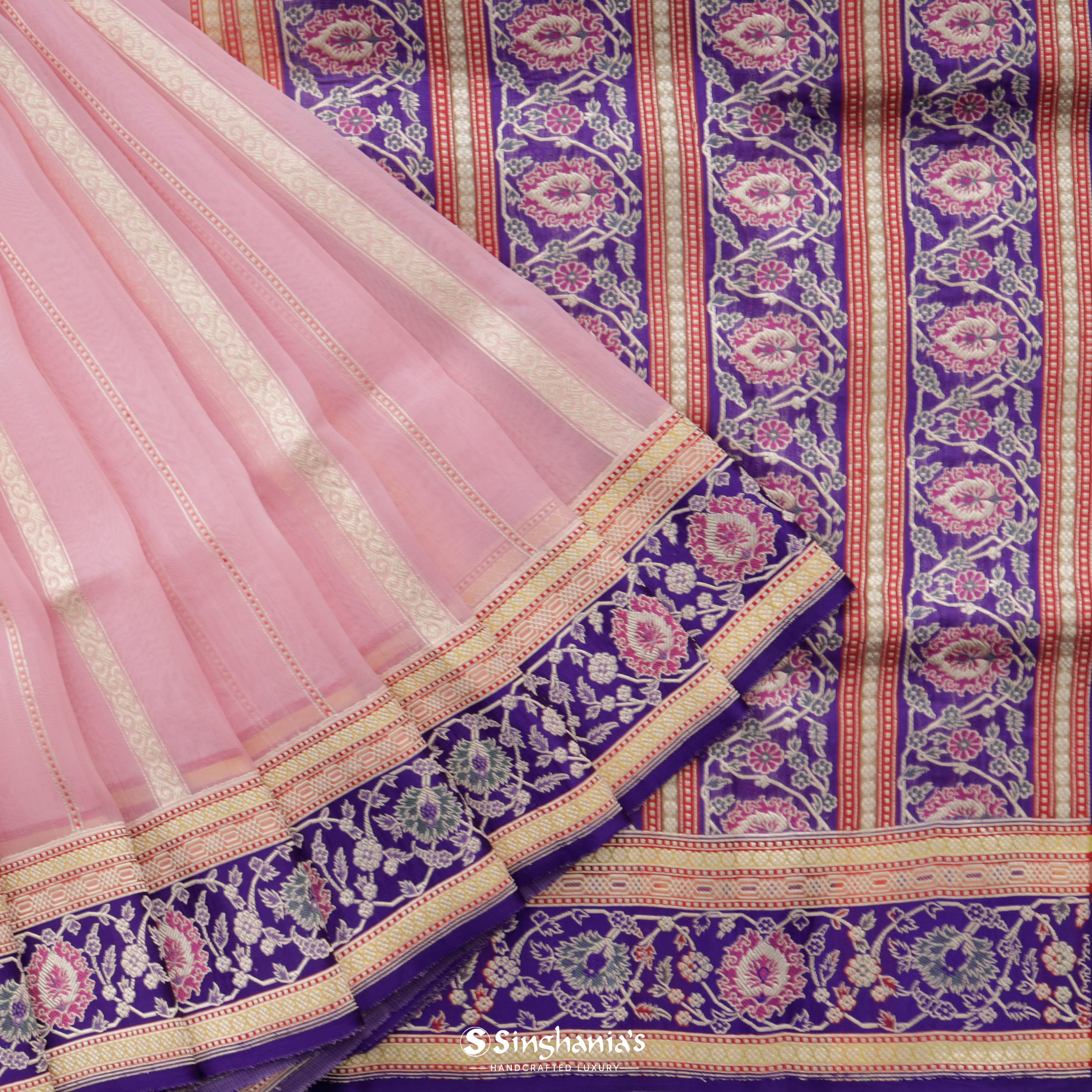 Baby Pink Organza Banarasi Saree With Contrasting Border