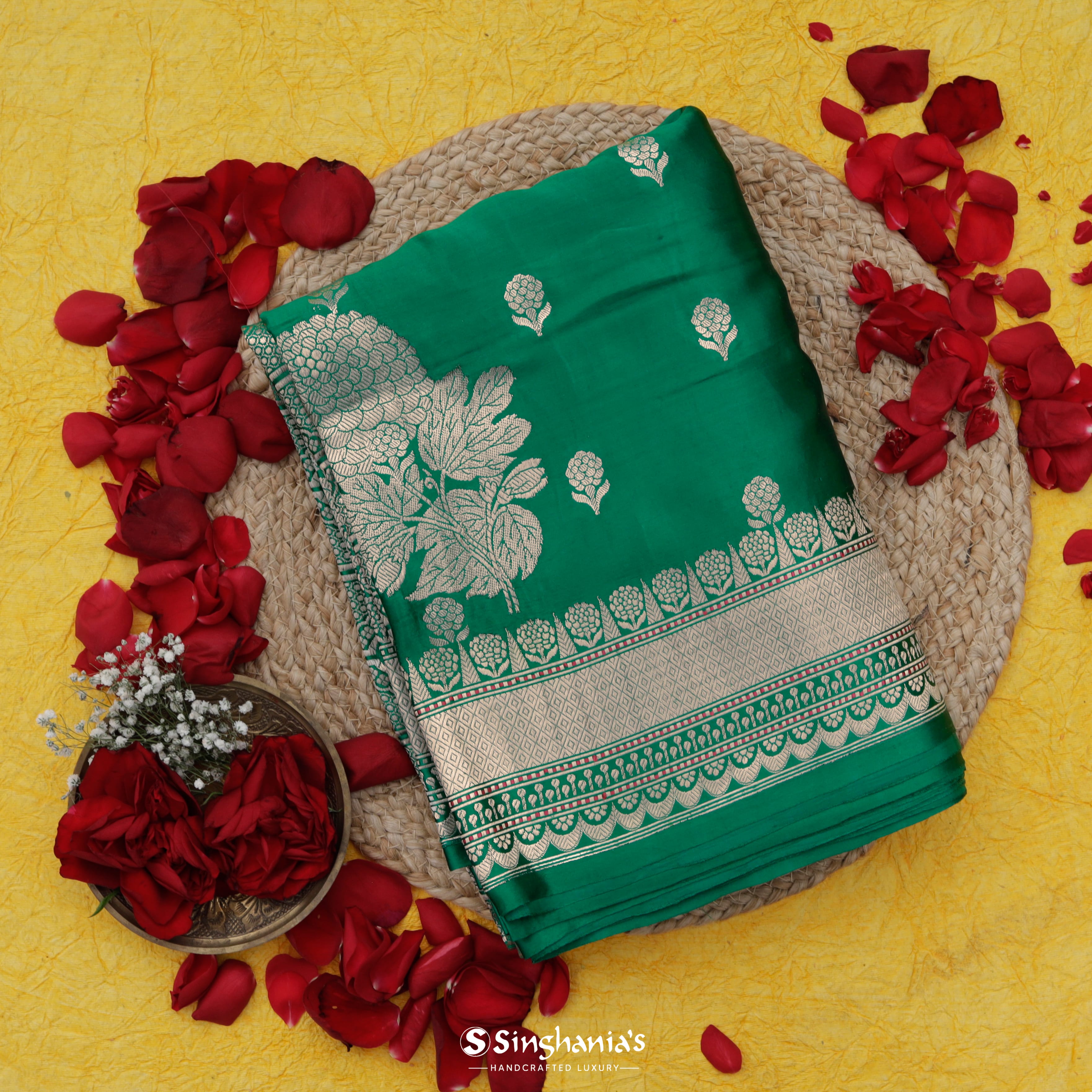 Parakeet Green Satin Banarasi Saree With Floral Pattern