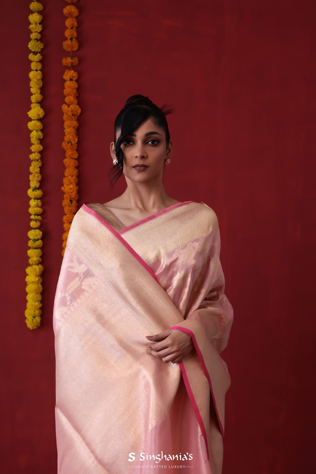 Pastel Pink Tissue Banarasi Saree With Floral Jaal Weaving