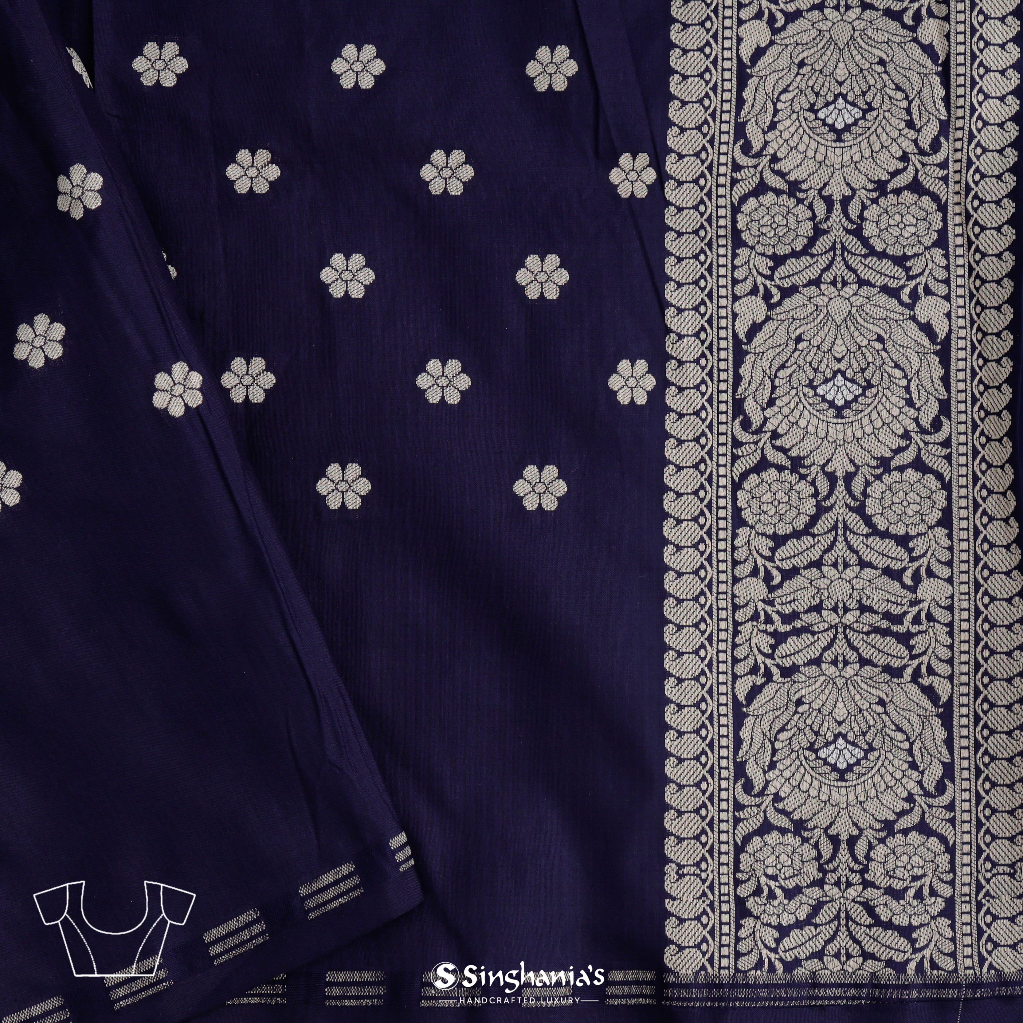 Dark Blue Silk Banarasi Saree With Floral Pattern