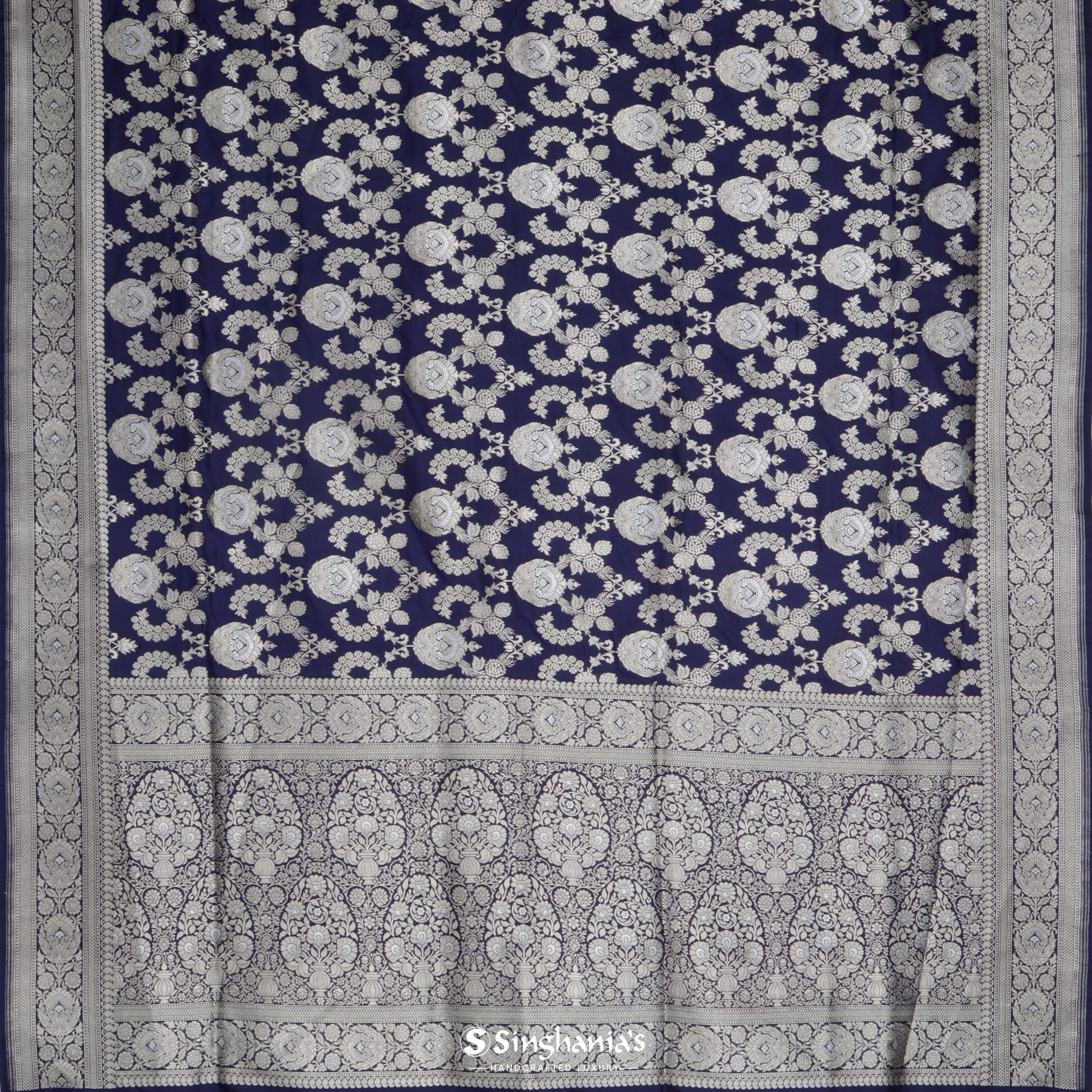 Dark Blue Silk Banarasi Saree With Floral Pattern
