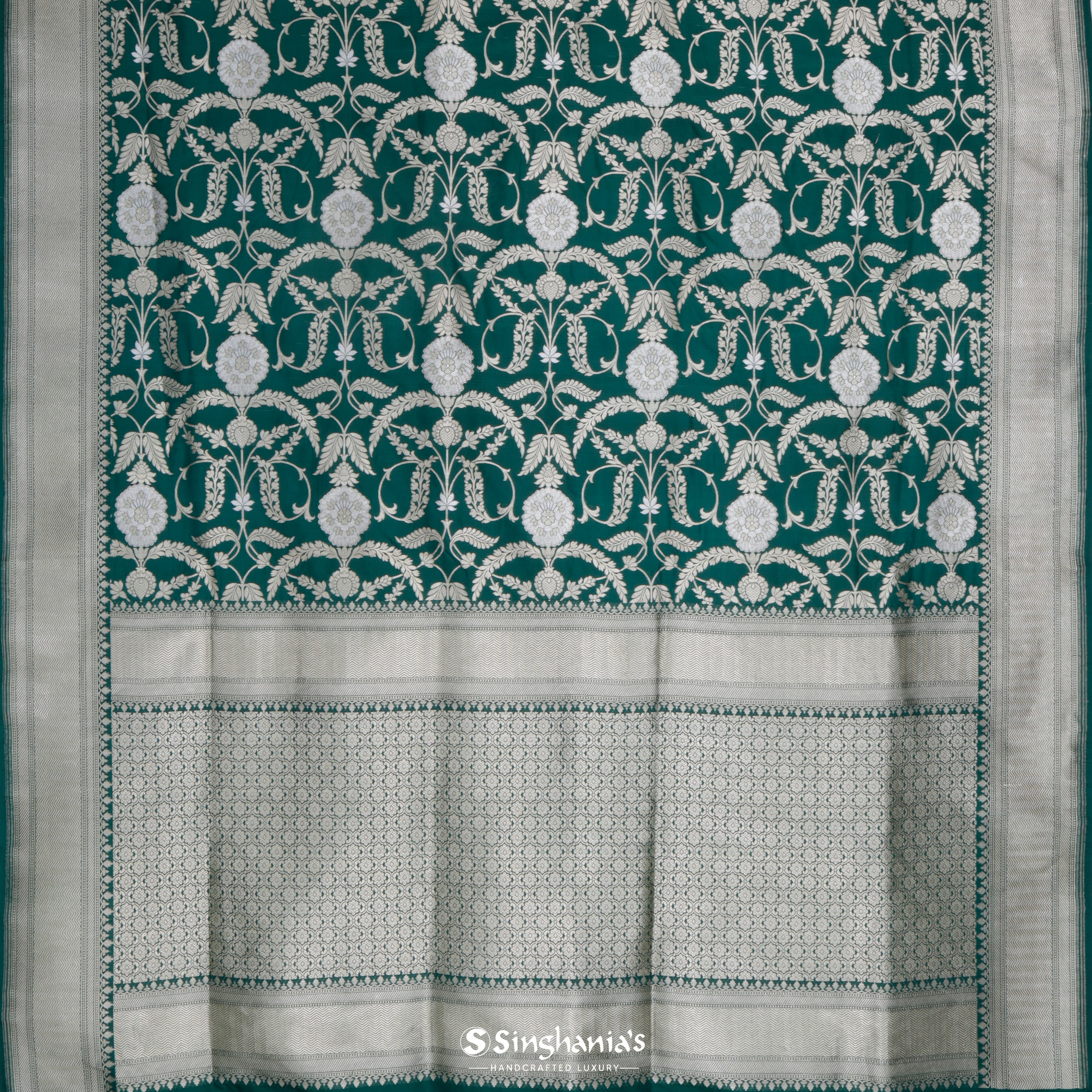 Dark Green Silk Banarasi Saree With Floral Jaal Design