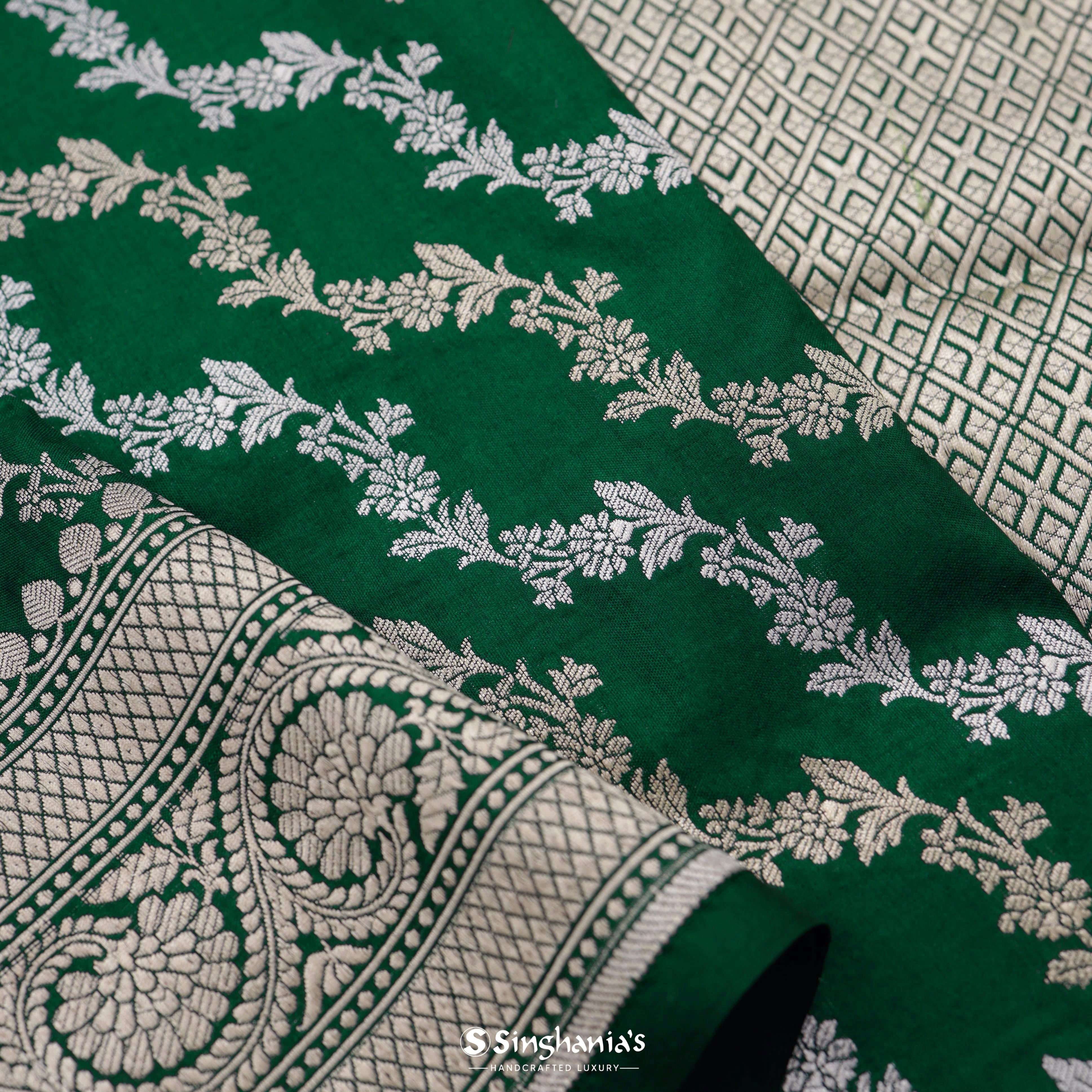 Hunter Green Silk Banarasi Saree With Floral Stripes Pattern