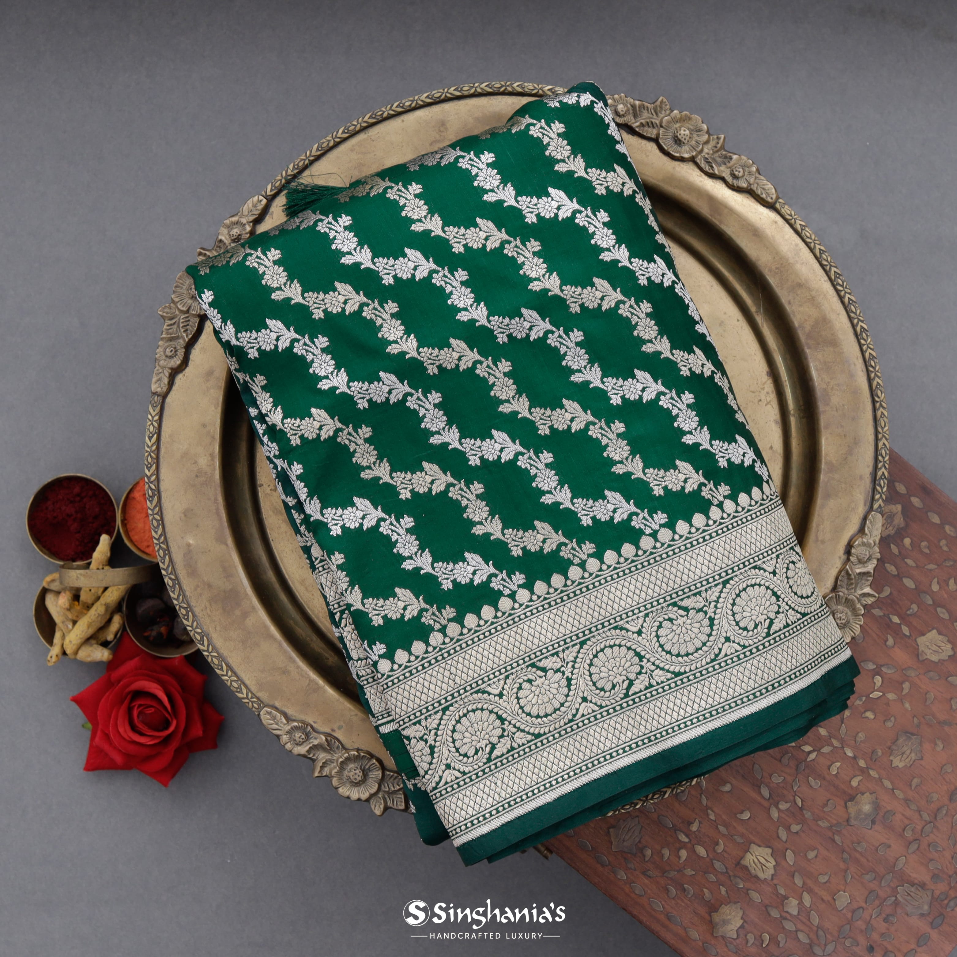 Hunter Green Silk Banarasi Saree With Floral Stripes Pattern