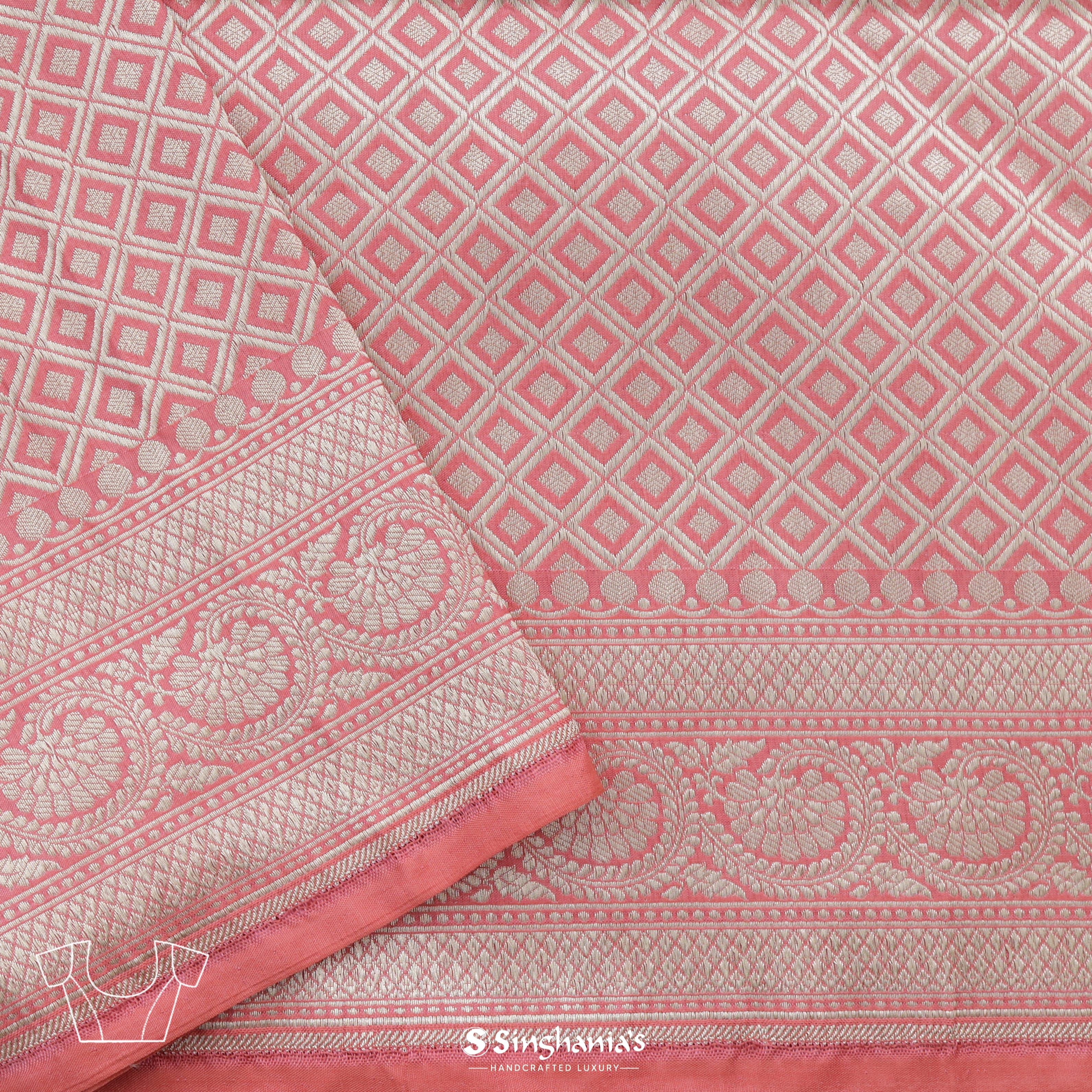 Baby Pink Silk Banarasi Saree With Floral Stripes Pattern