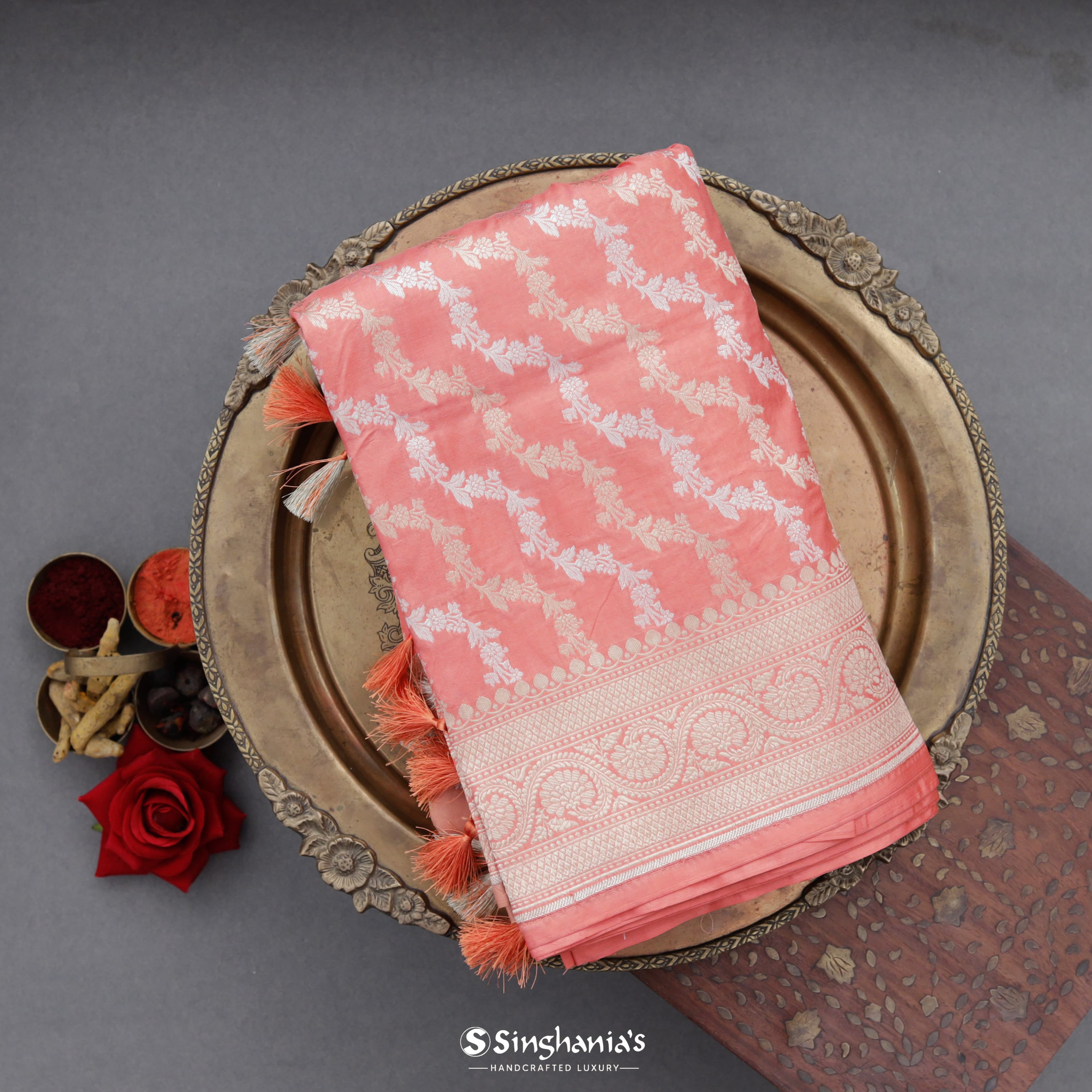 Baby Pink Silk Banarasi Saree With Floral Stripes Pattern