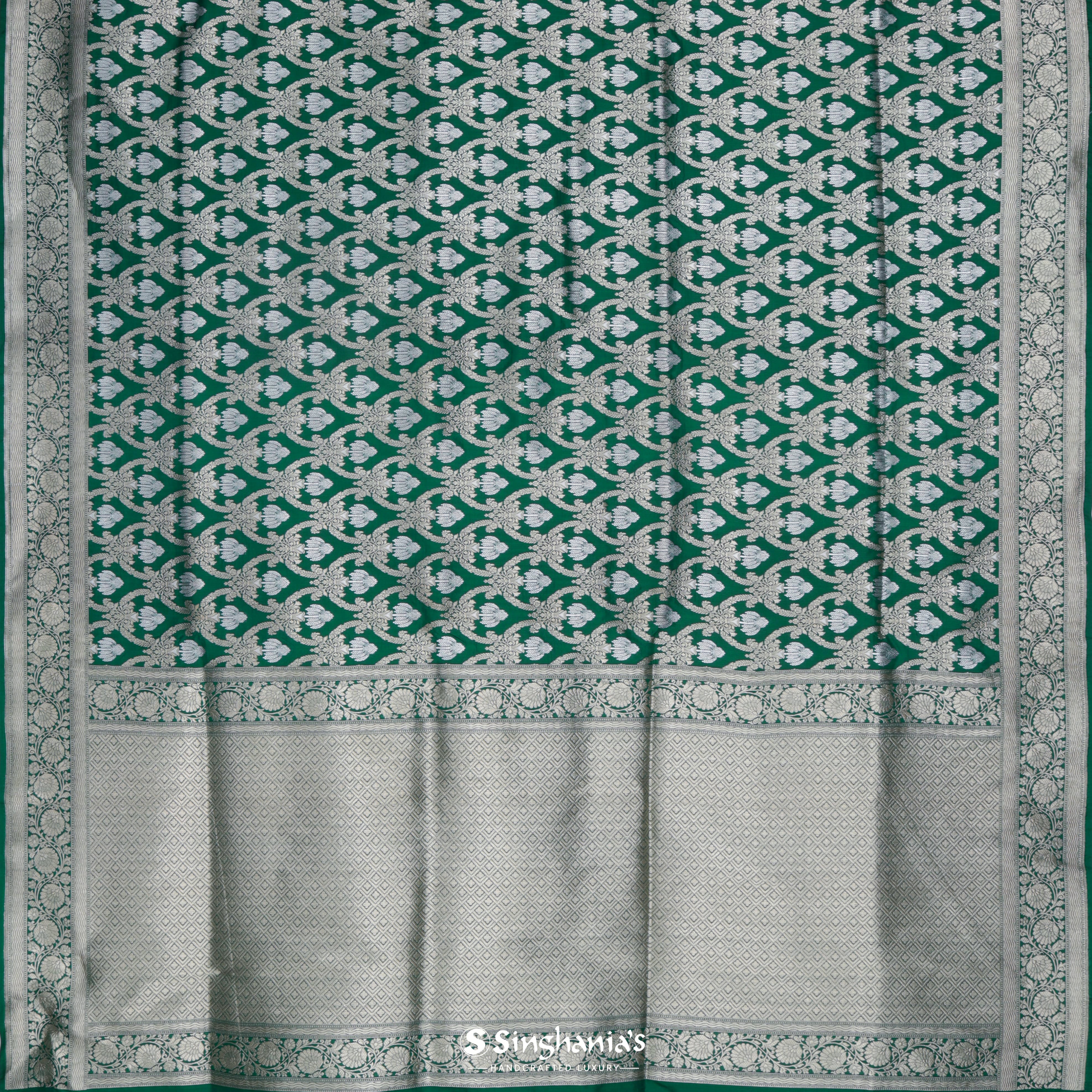 Hunter Green Silk Banarasi Saree With Floral Jaal Pattern