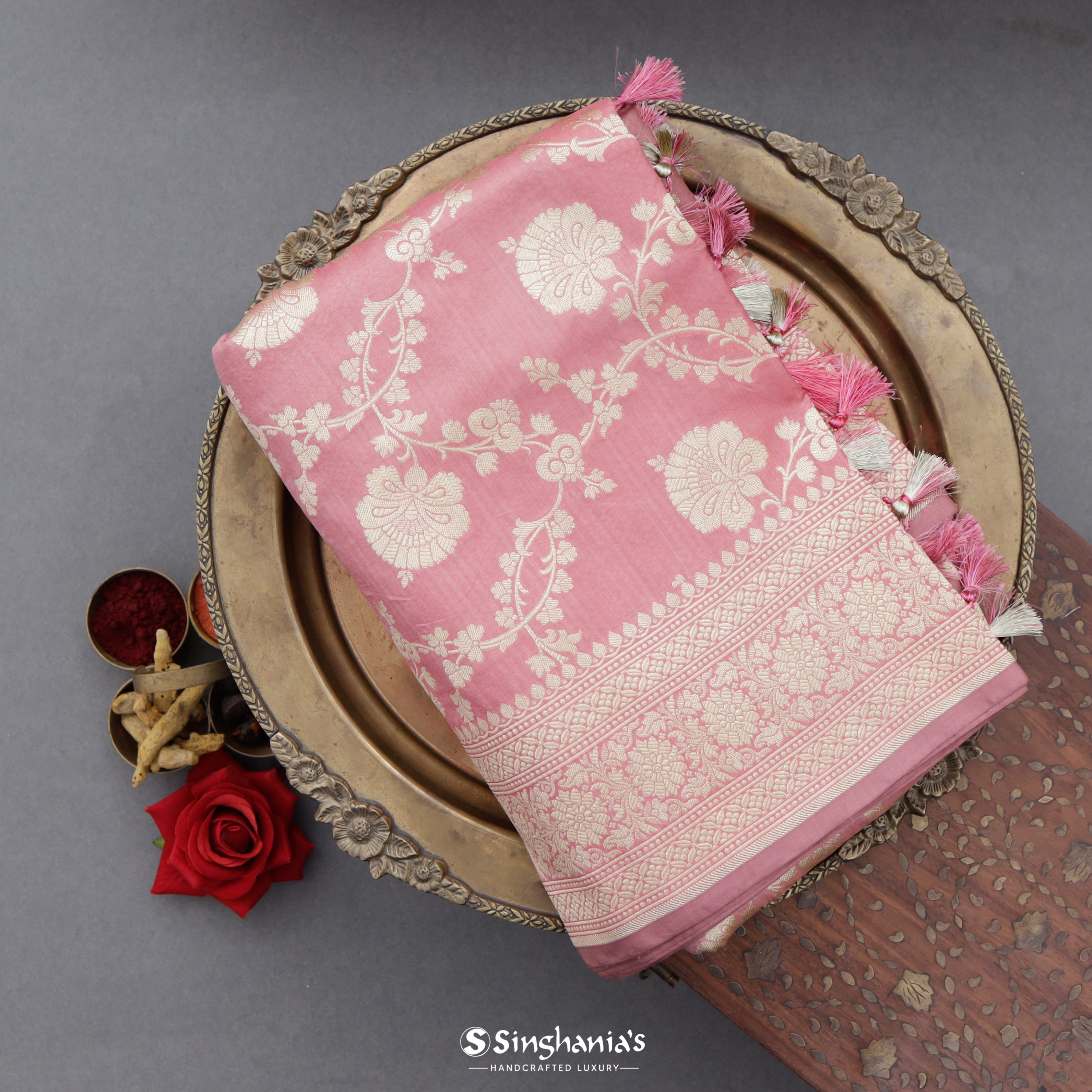 Blush Pink Silk Banarasi Saree With Floral Jaal Pattern