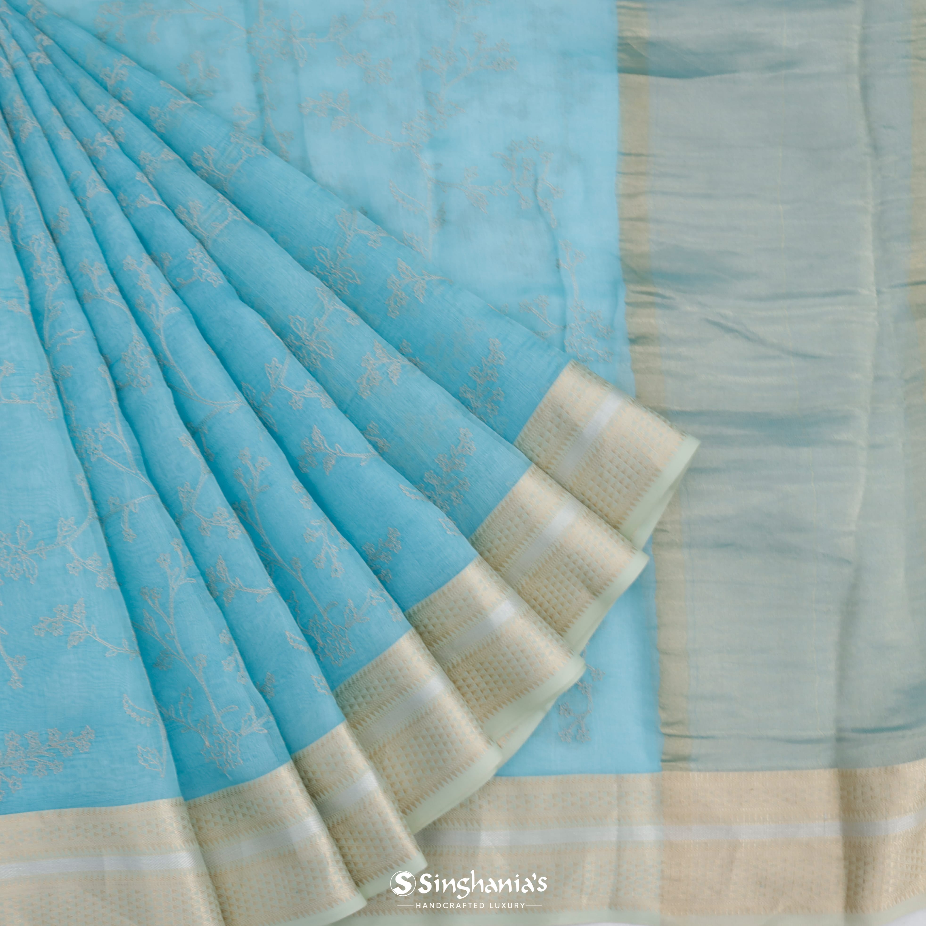 Sky Blue Organza Tussar Embroidery Silk Saree Floral Jaal Design