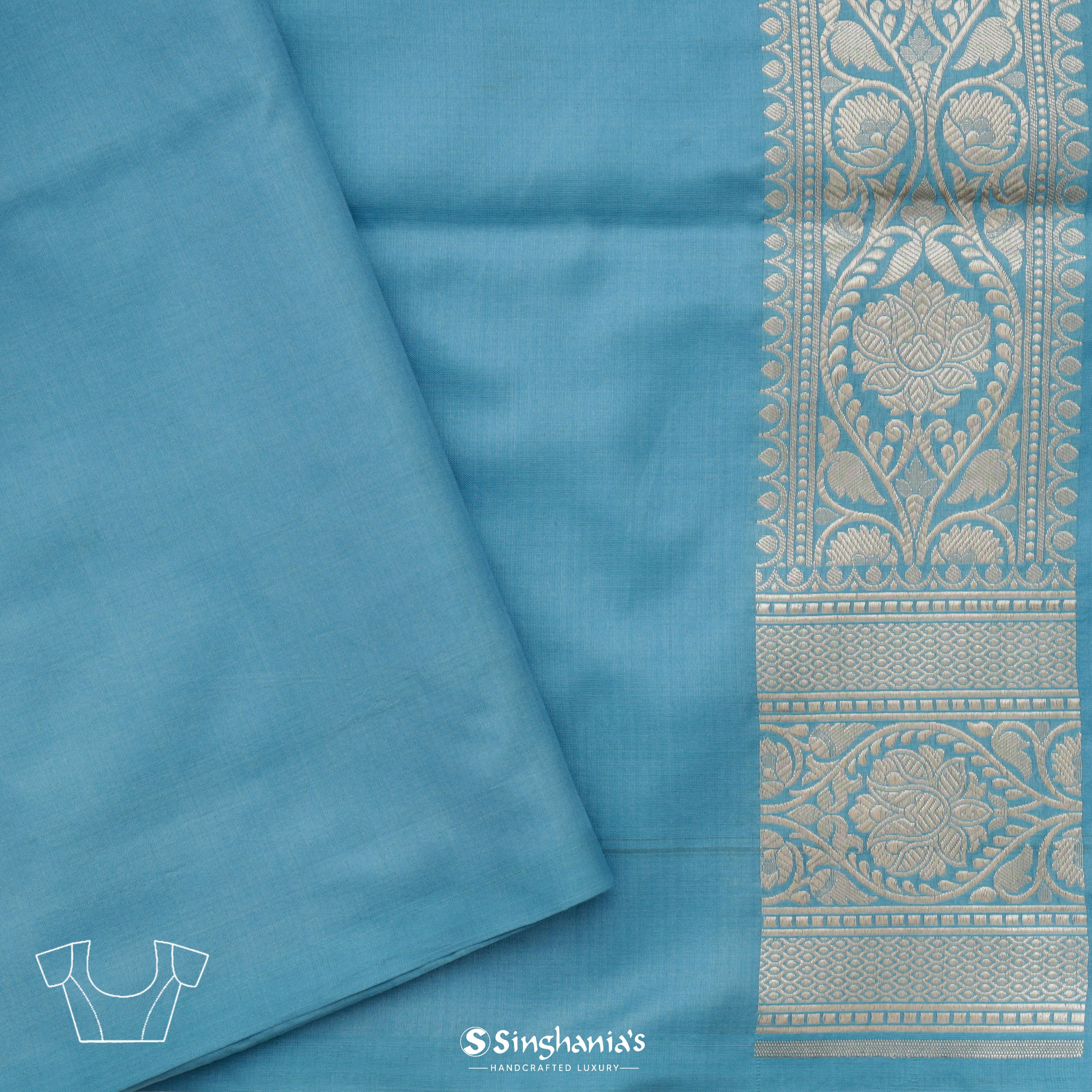 Sky Blue Silk Banarasi Saree With Floral Buttas