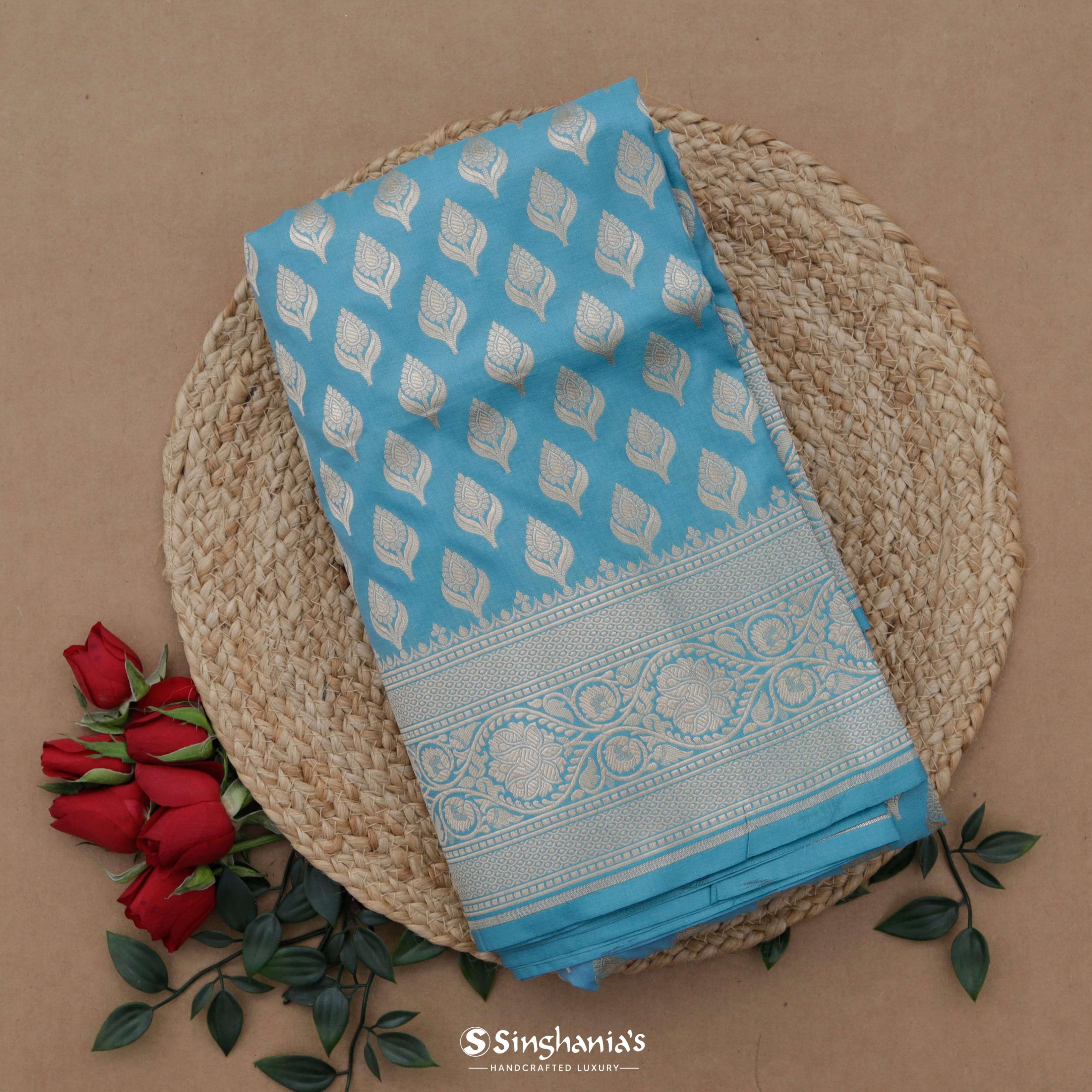 Sky Blue Silk Banarasi Saree With Floral Buttas