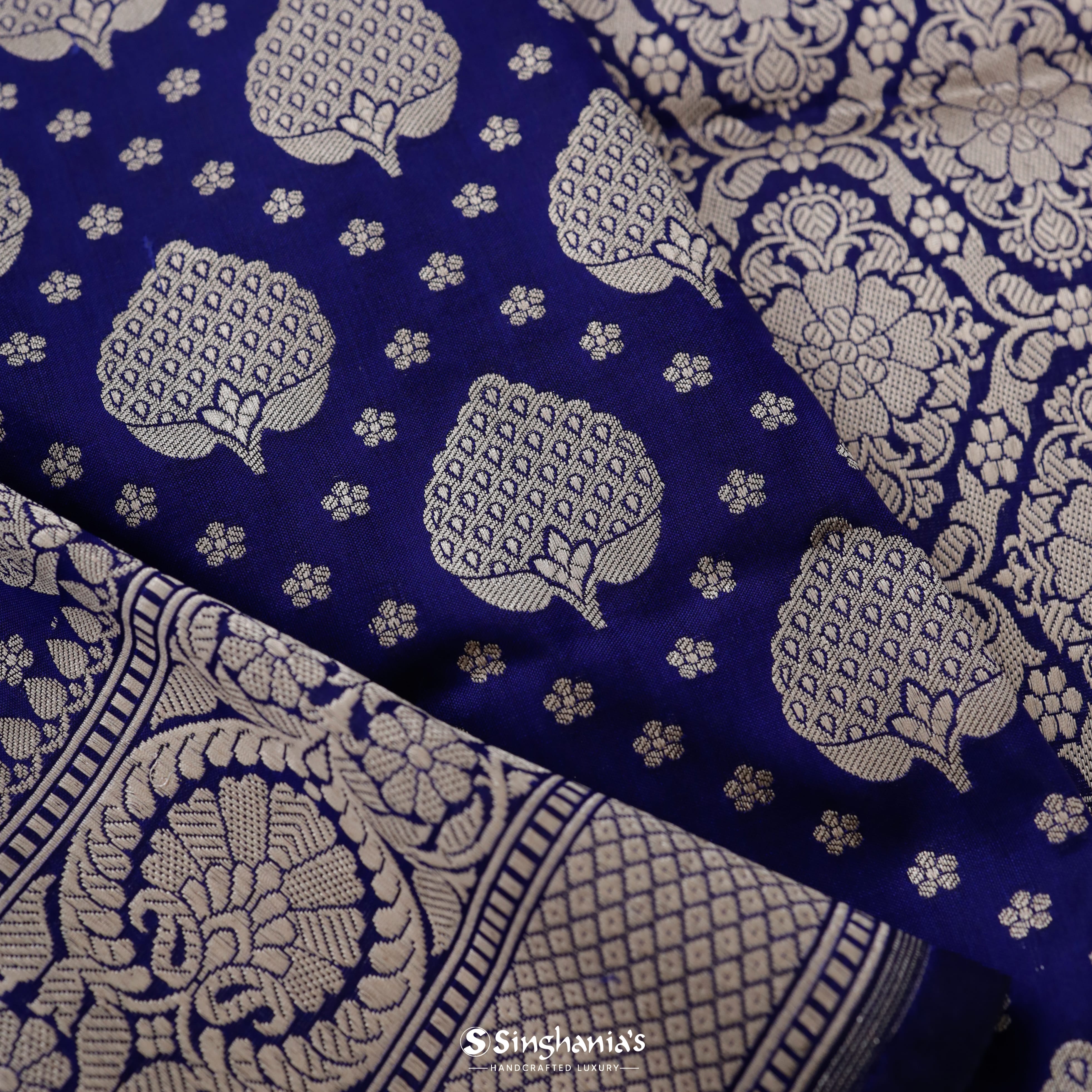 Deep Blue Silk Banarasi Saree With Floral Buttas