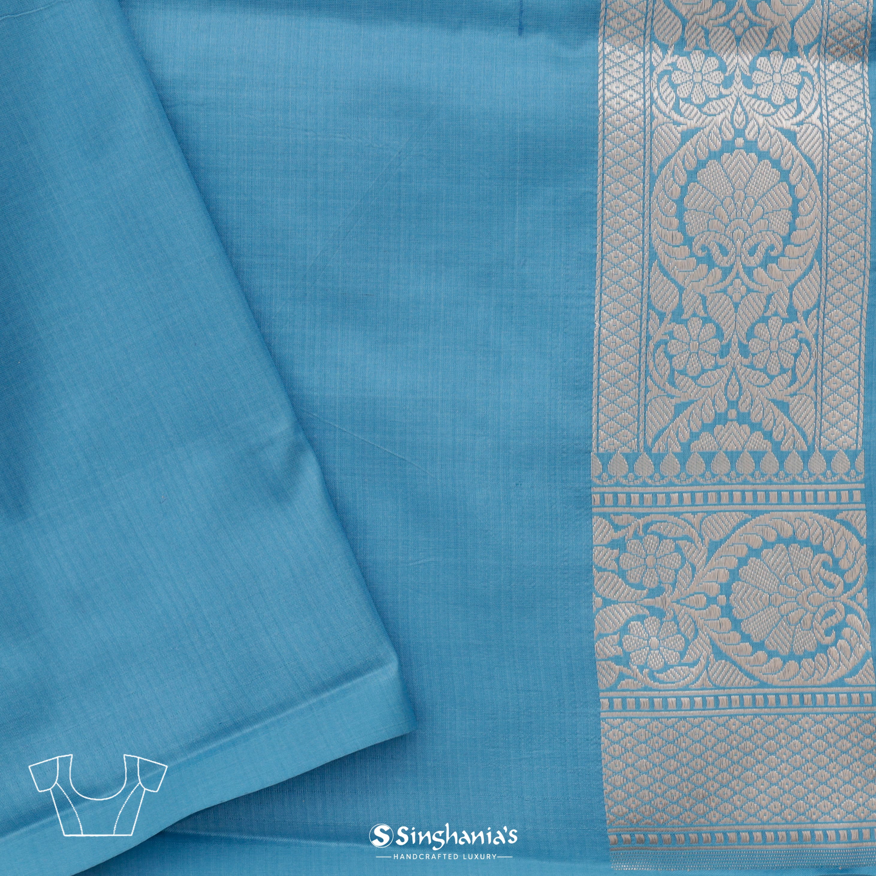 Azure Blue Silk Banarasi Saree With Floral Buttas