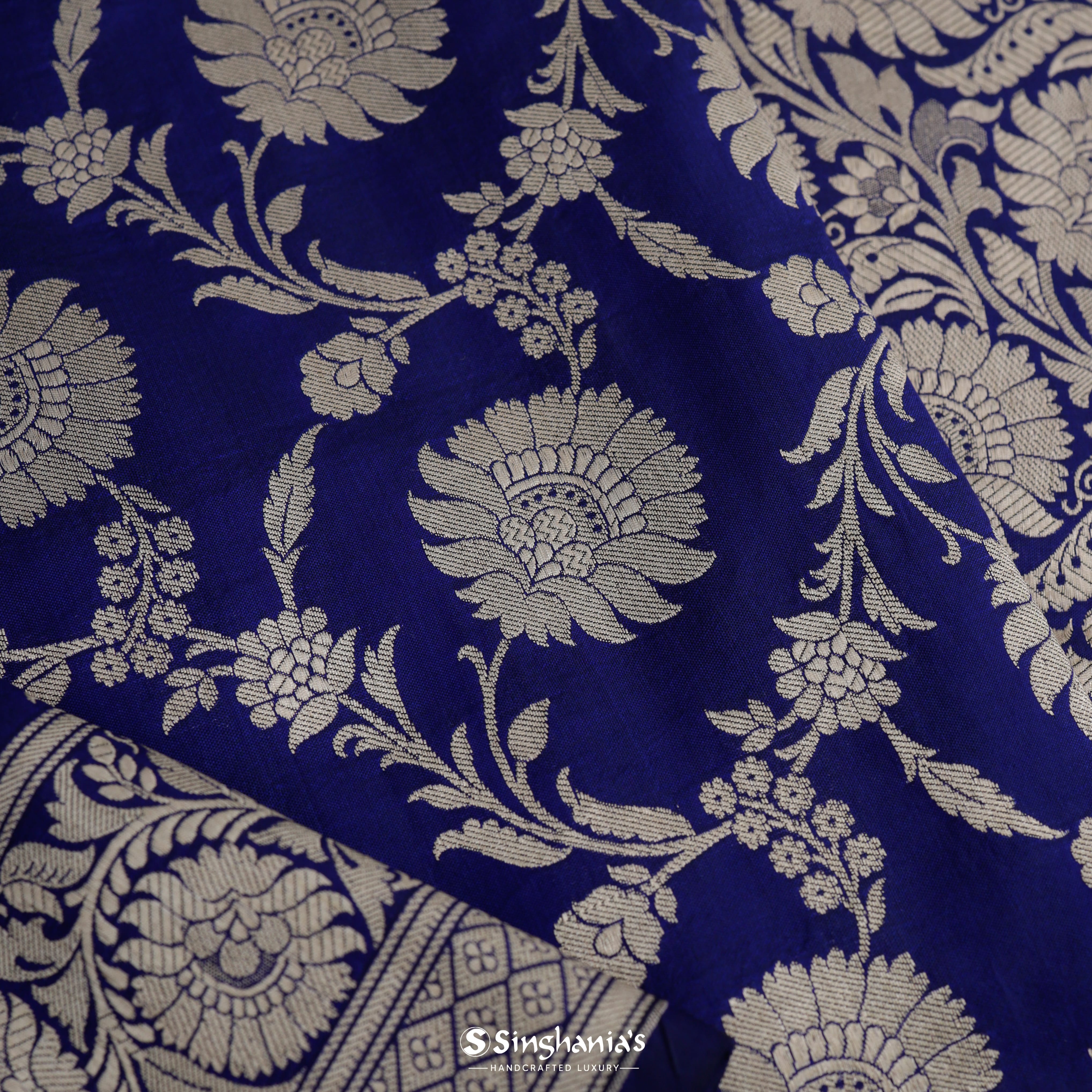 Deep Blue Silk Banarasi Saree With Floral Jaal Pattern