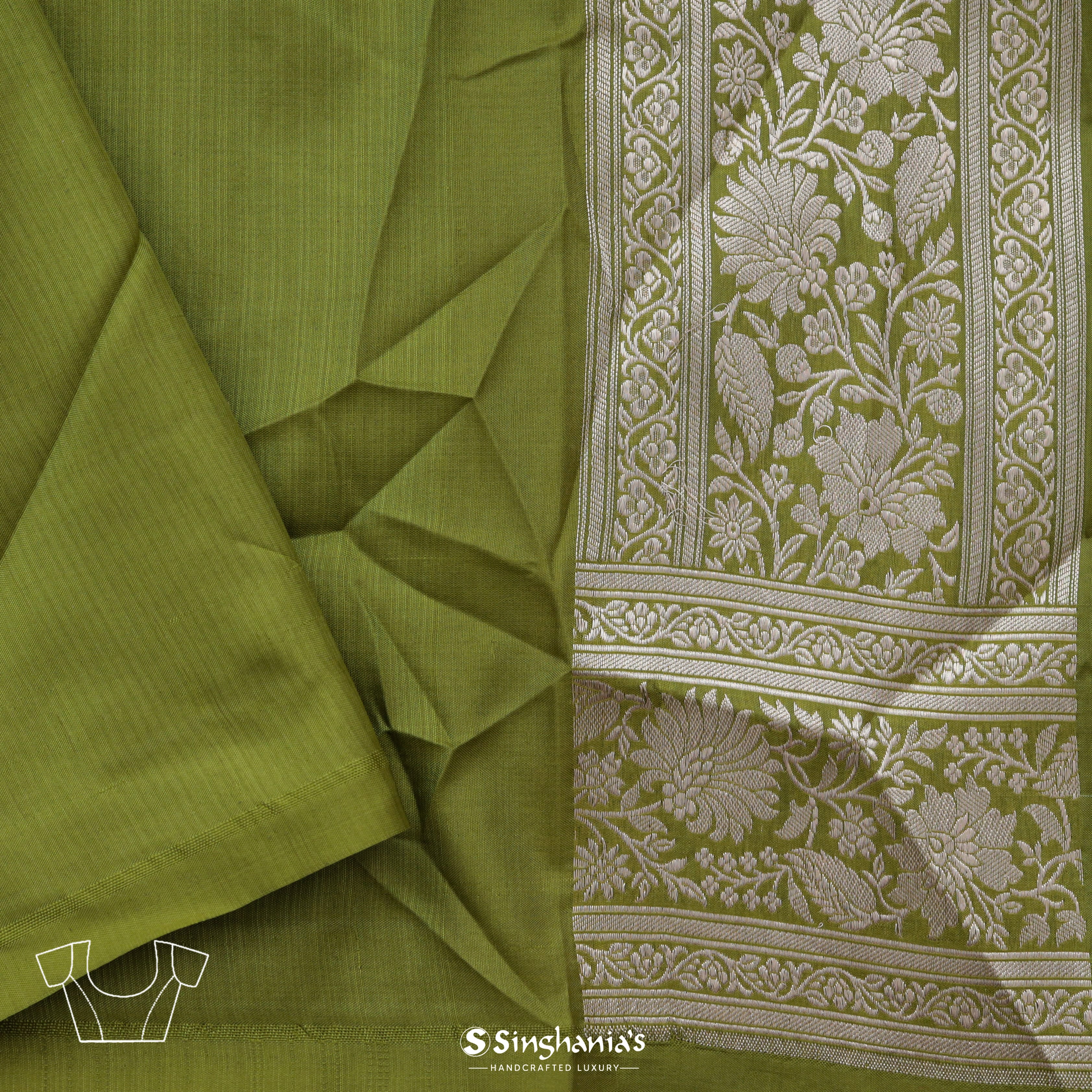Forest Green Silk Banarasi Saree With Floral Pattern