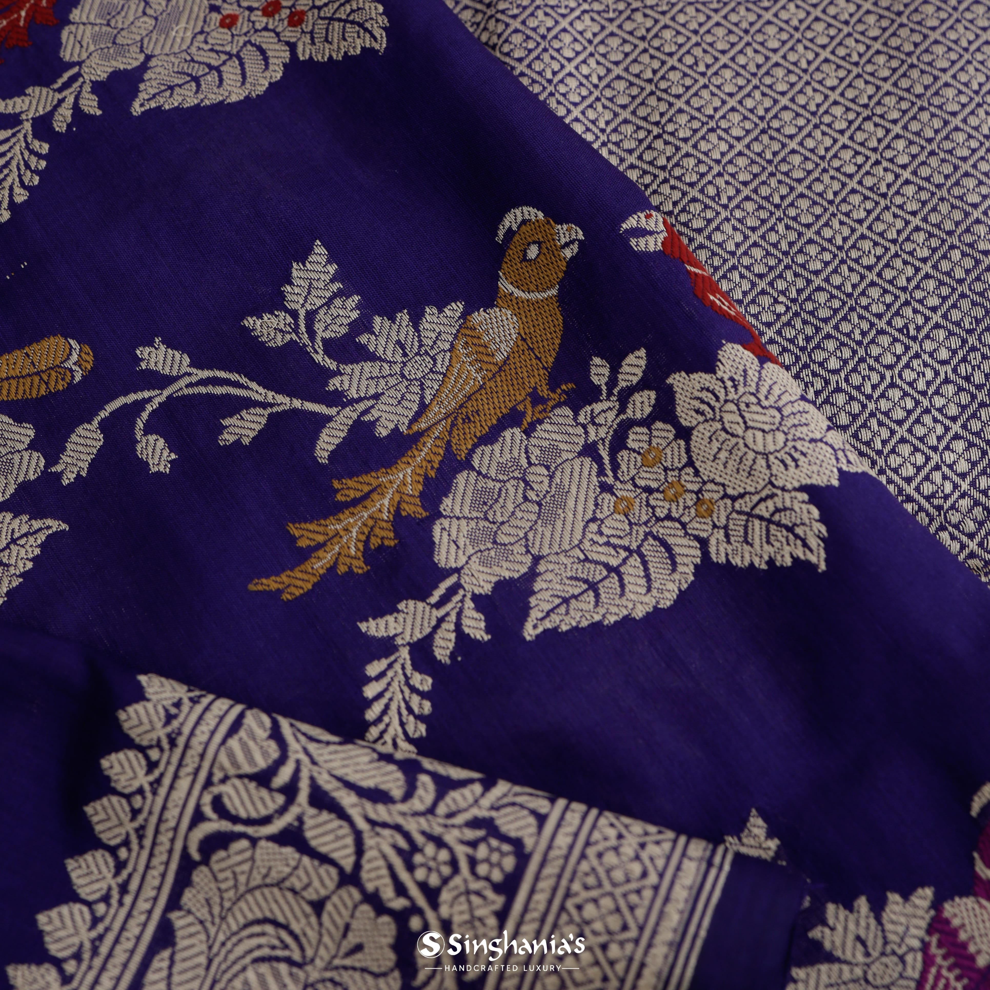 Deep Indigo Silk Banarasi Saree With Nature Inspired Bird Motif Pattern