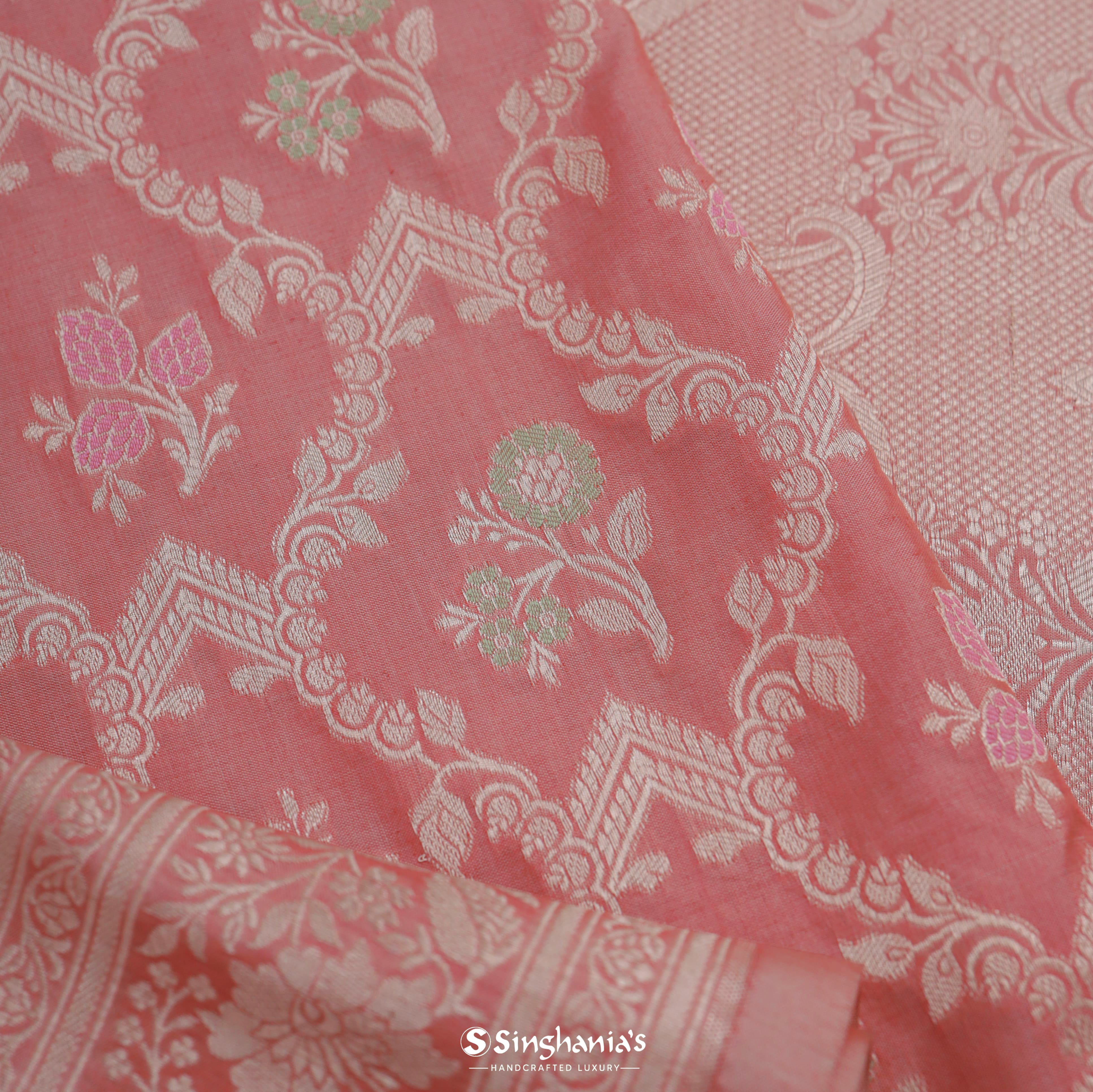 Baby Pink Silk Banarasi Saree With Floral Pattern