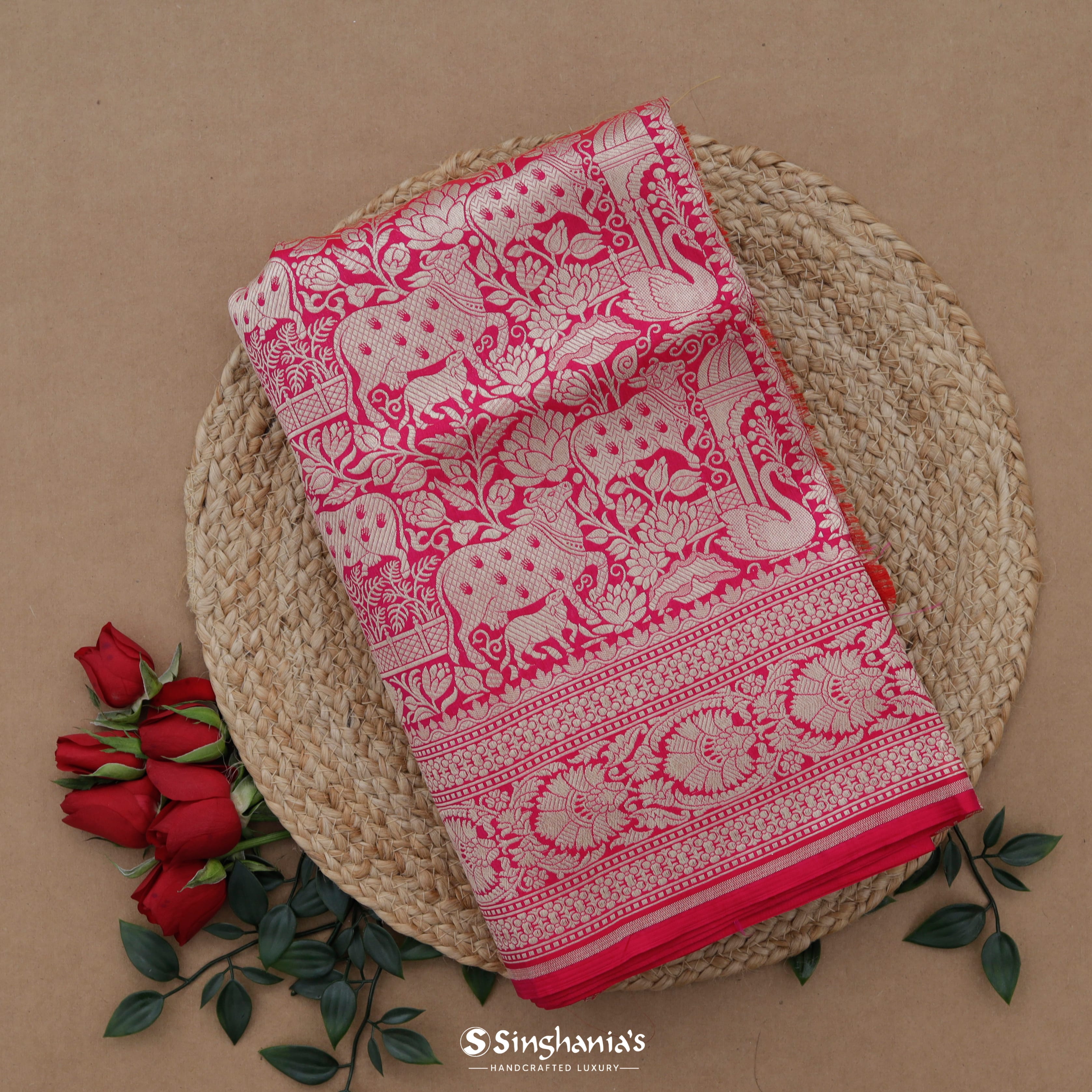 Hot Pink Silk Banarasi Saree With Nature Inspired Motif Pattern