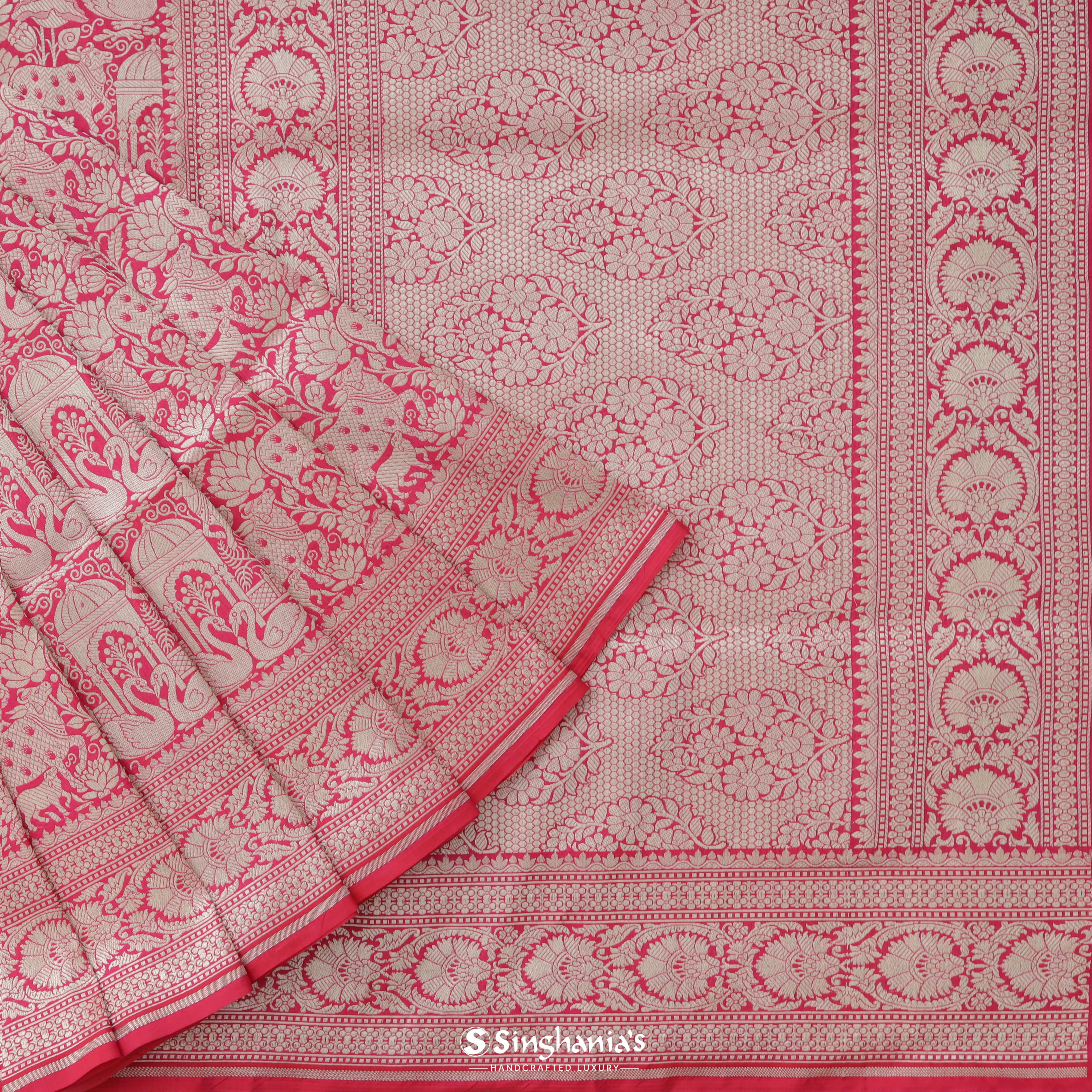 Hot Pink Silk Banarasi Saree With Nature Inspired Motif Pattern