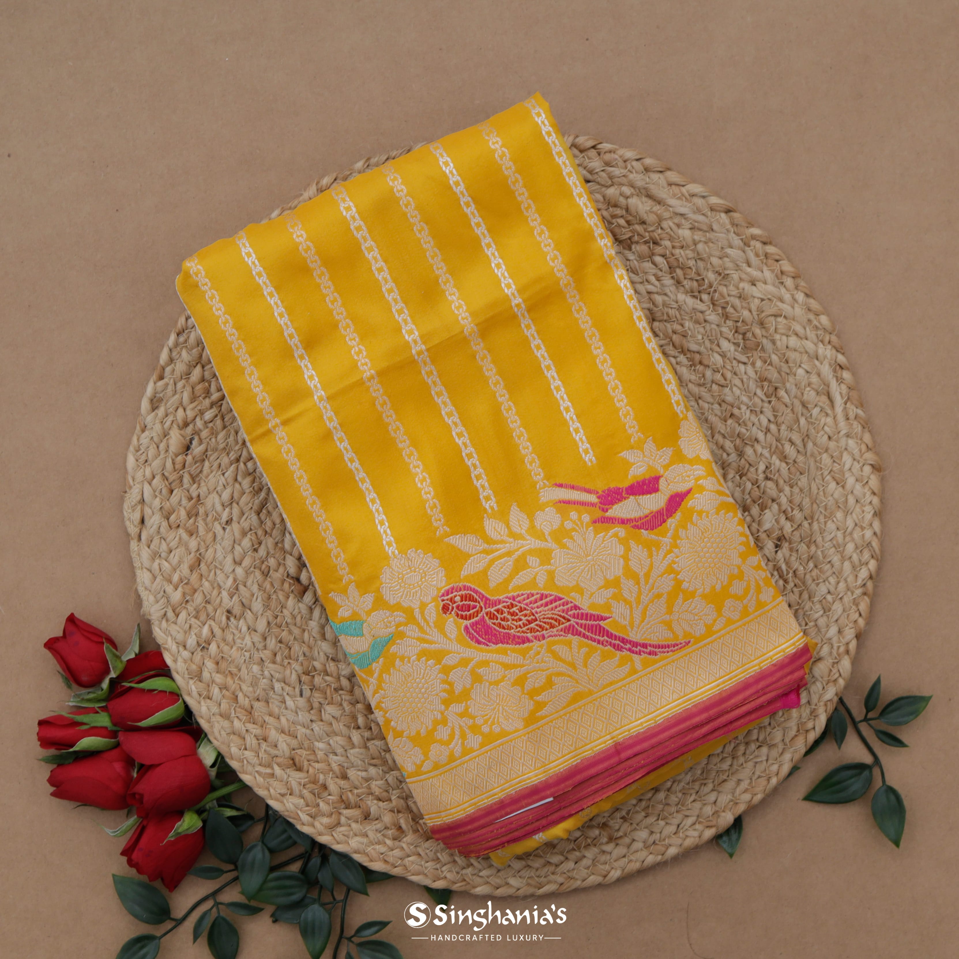 Canary Yellow Silk Banarasi Saree With Stripes Pattern