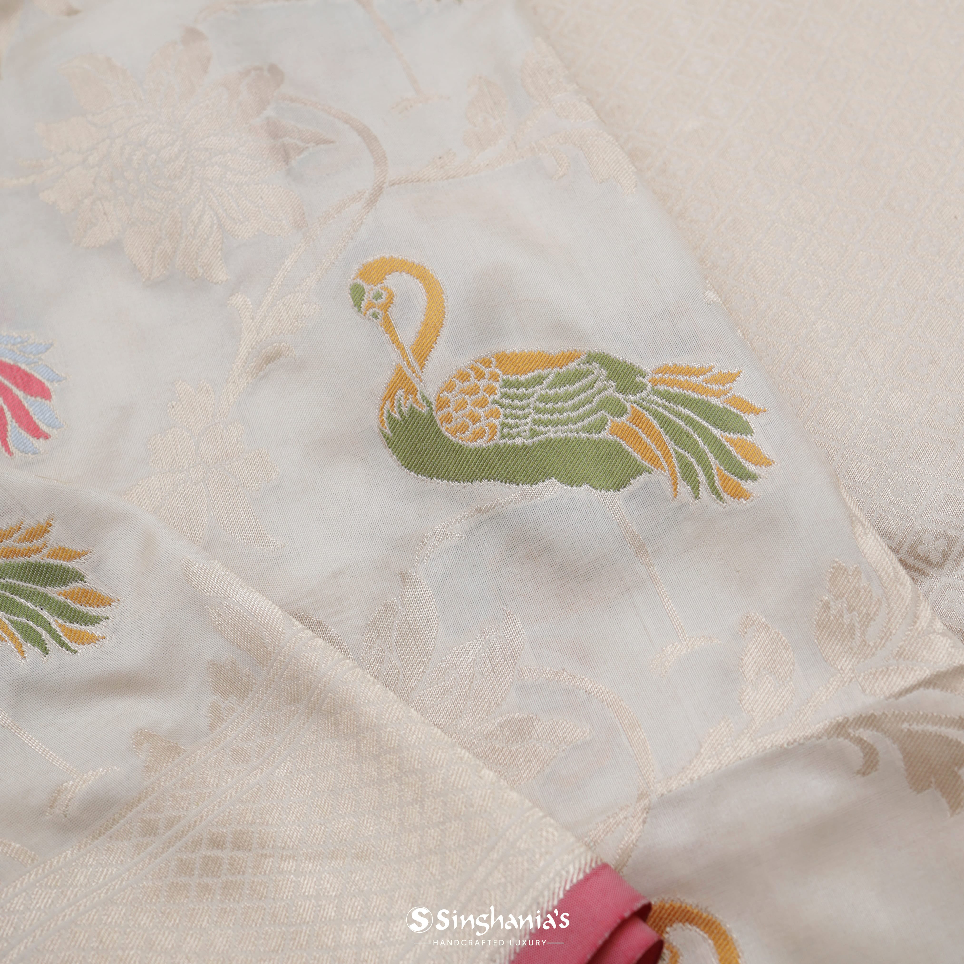 Pearl White Silk Banarasi Saree With Nature Inspired Birds Motif Pattern
