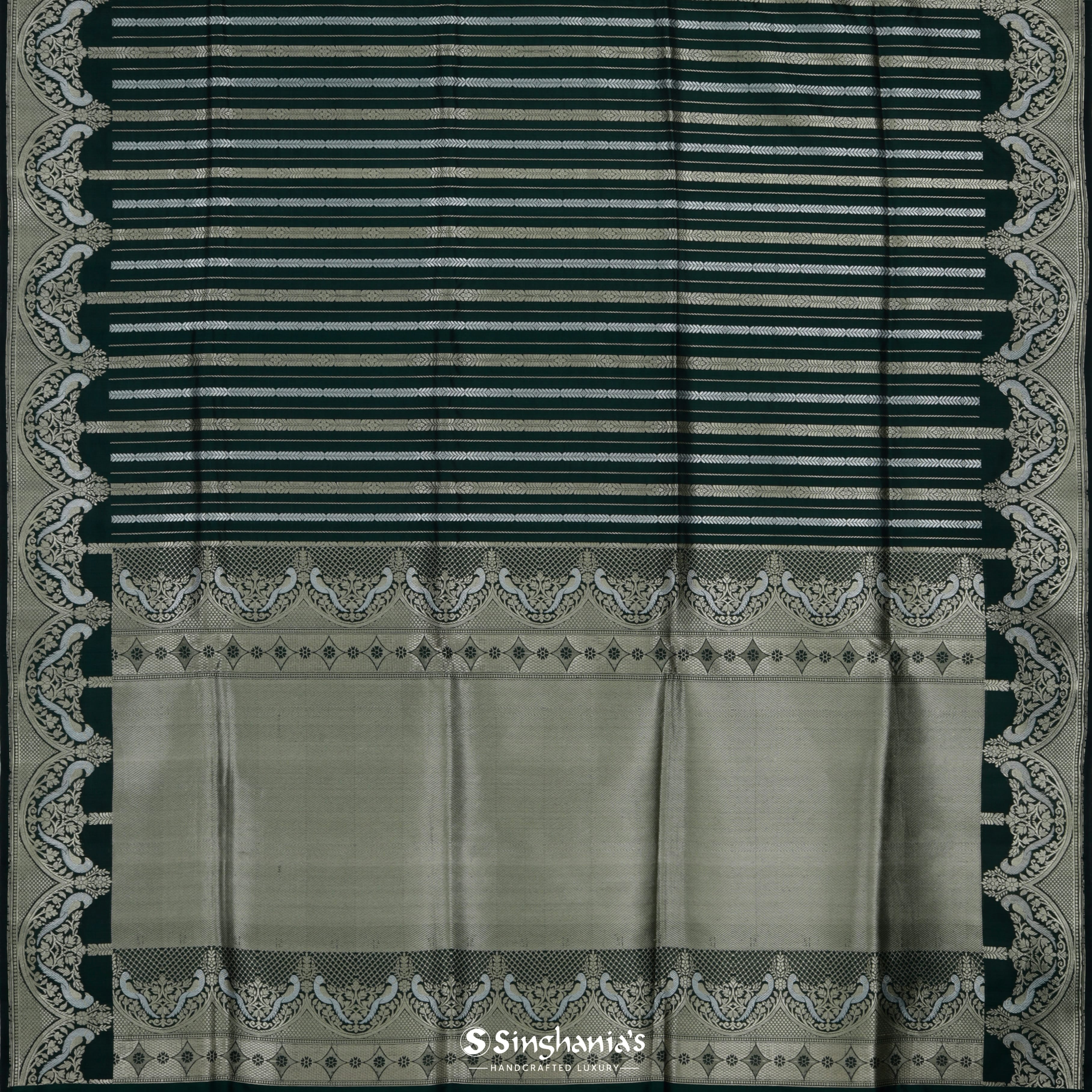 Dark Juniper Green Silk Banarasi Saree With Striped Floral Pattern