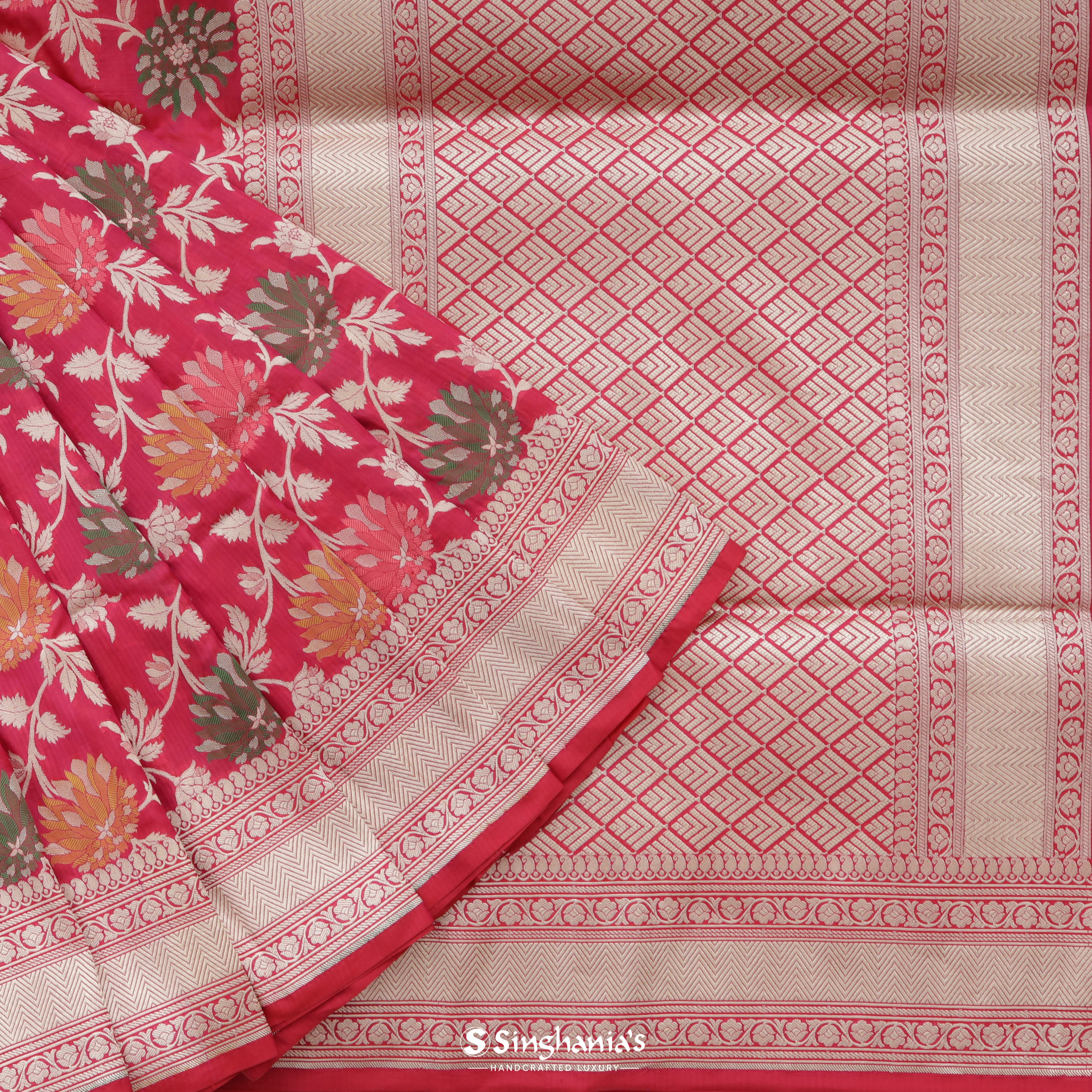 Amarnath Red Silk Banarasi Saree With Floral Jaal Pattern