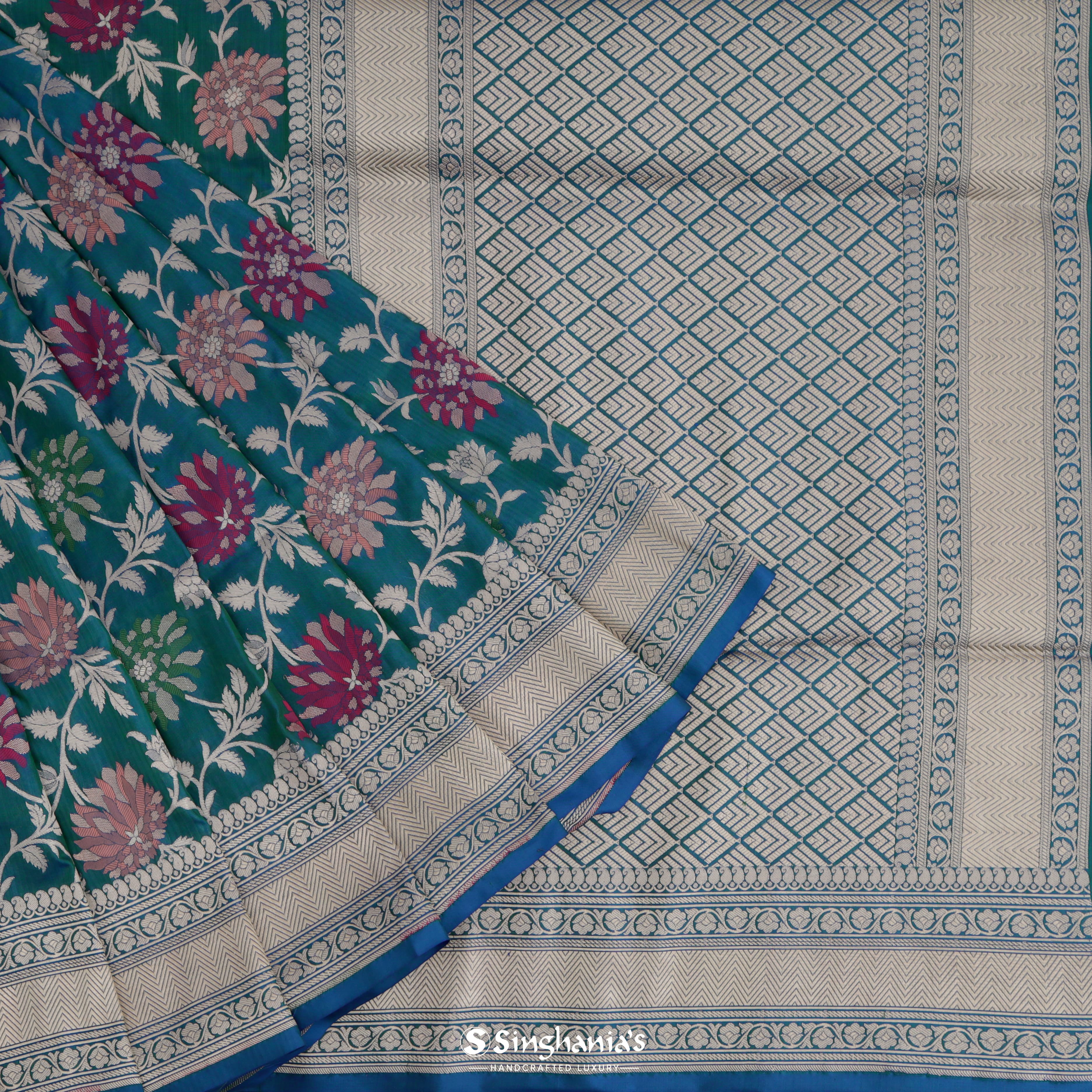 Blue Green Silk Banarasi Saree With Floral Jaal Pattern