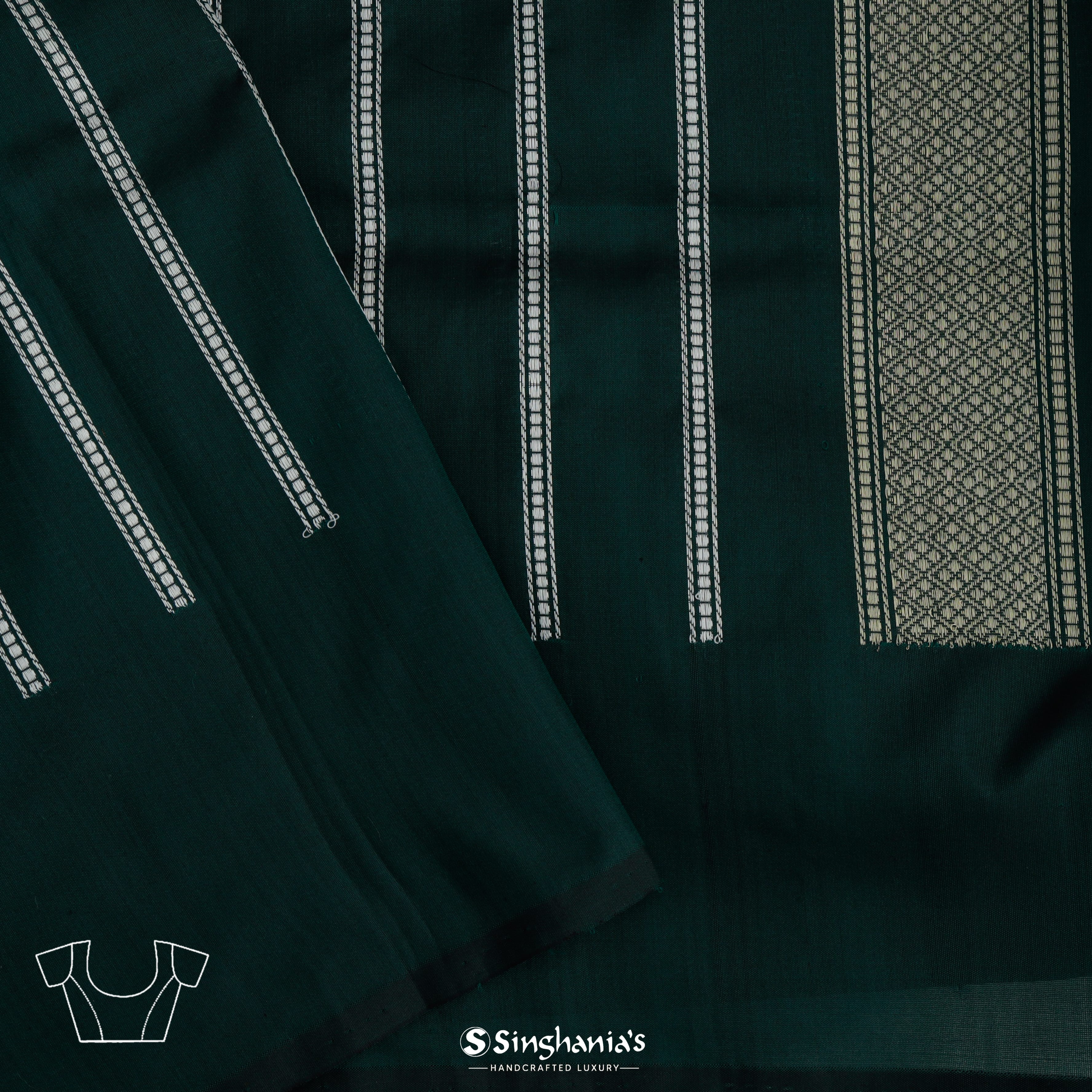 Dark Green Silk Banarasi Saree With Striped Floral Pattern