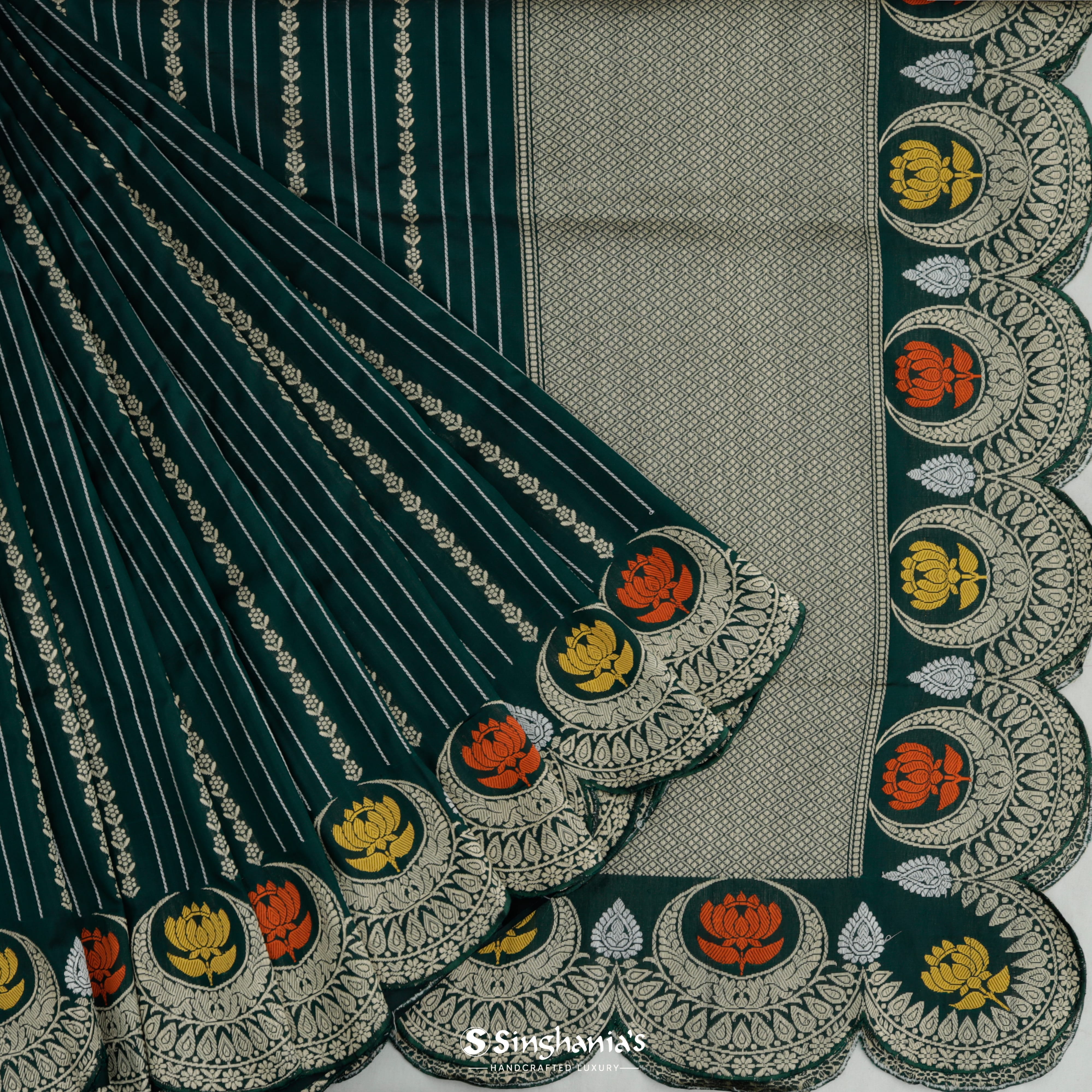 Dark Green Silk Banarasi Saree With Striped Floral Pattern