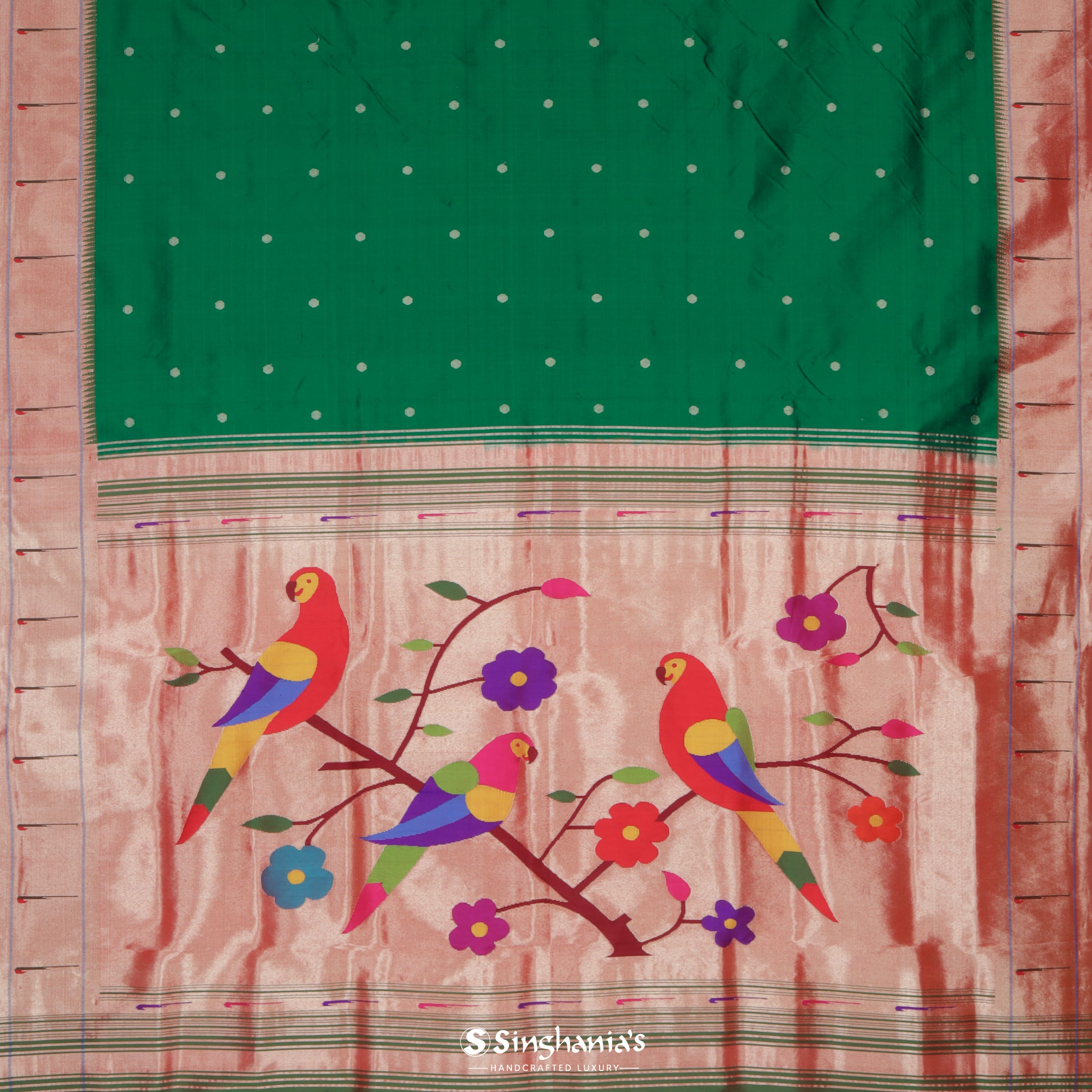 Dark Spring Green Paithani Handloom Silk Saree
