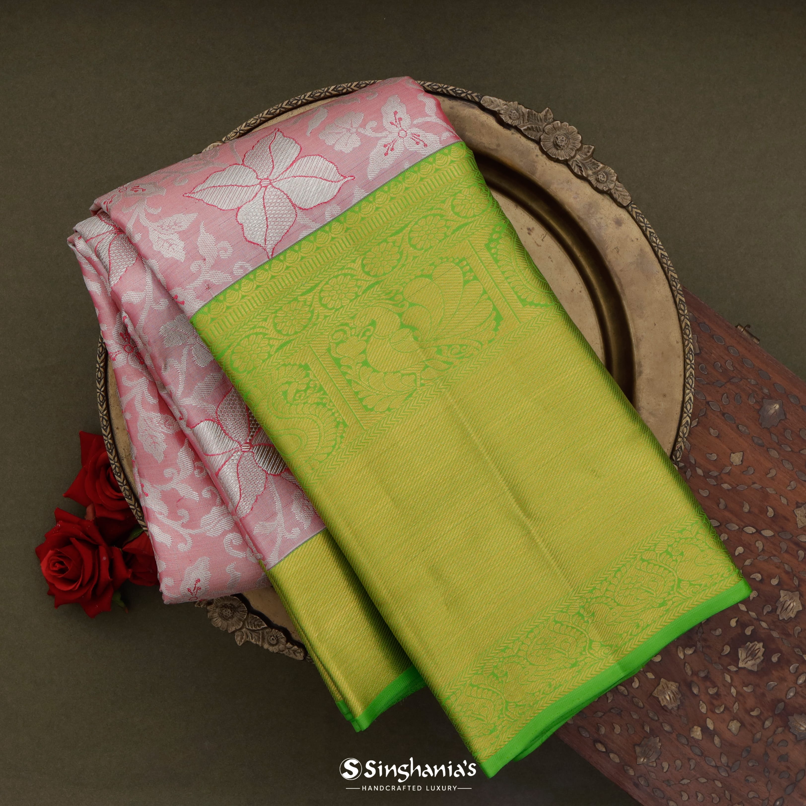 Bubblegum Pink Kanjivaram Silk Saree With Floral Jaal Design