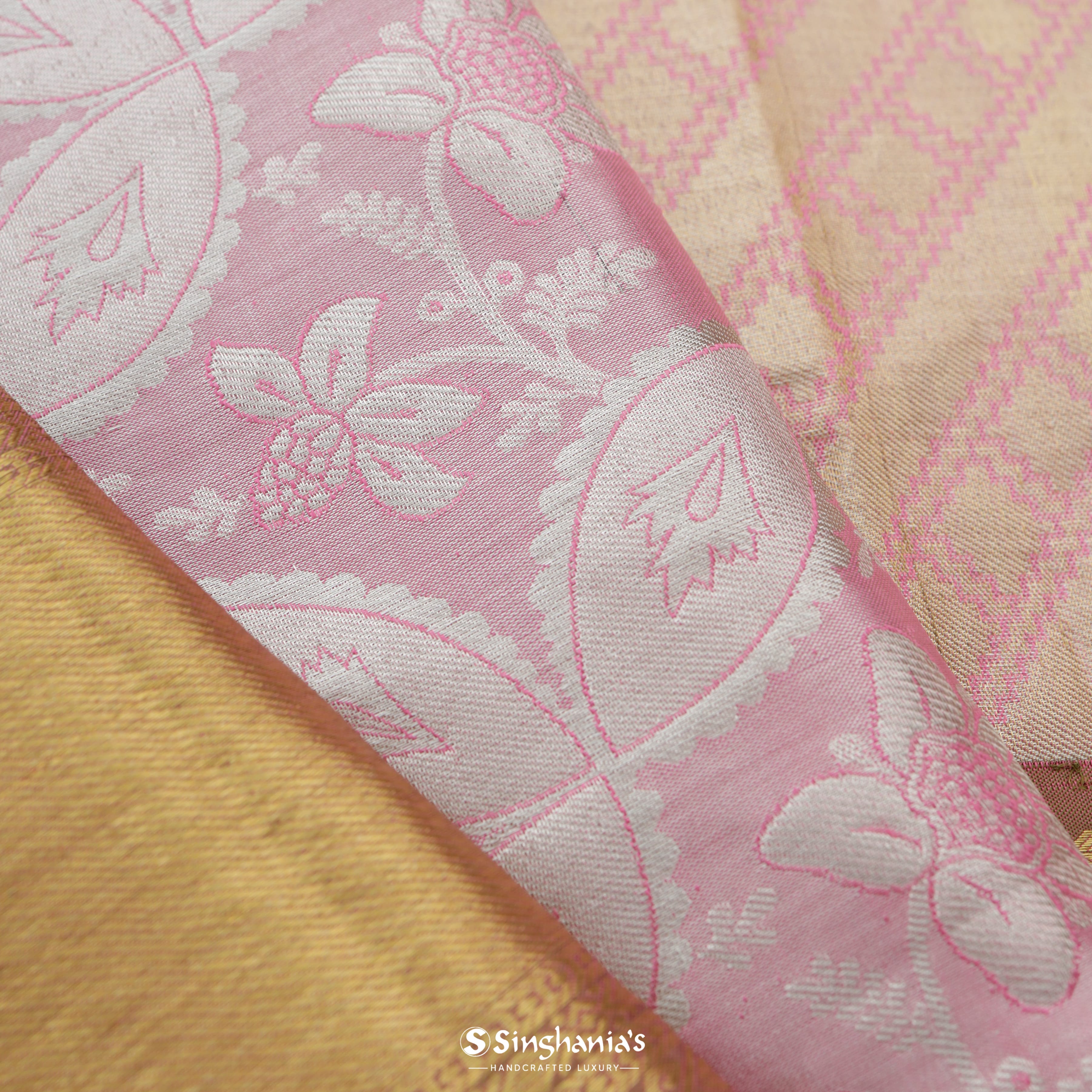 Pastel Pink Kanjivaram Silk Saree With Floral Jaal Pattern