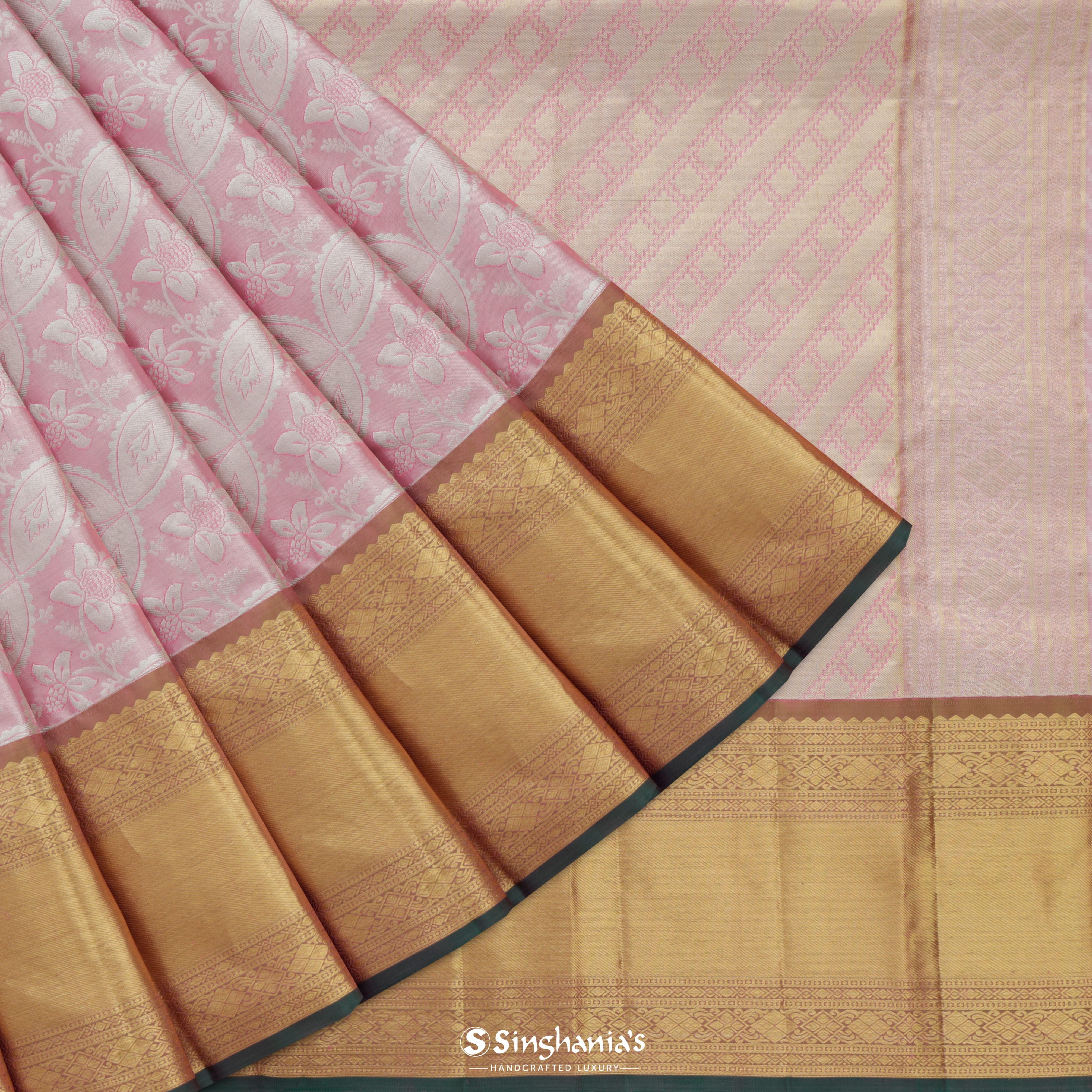 Pastel Pink Kanjivaram Silk Saree With Floral Jaal Pattern