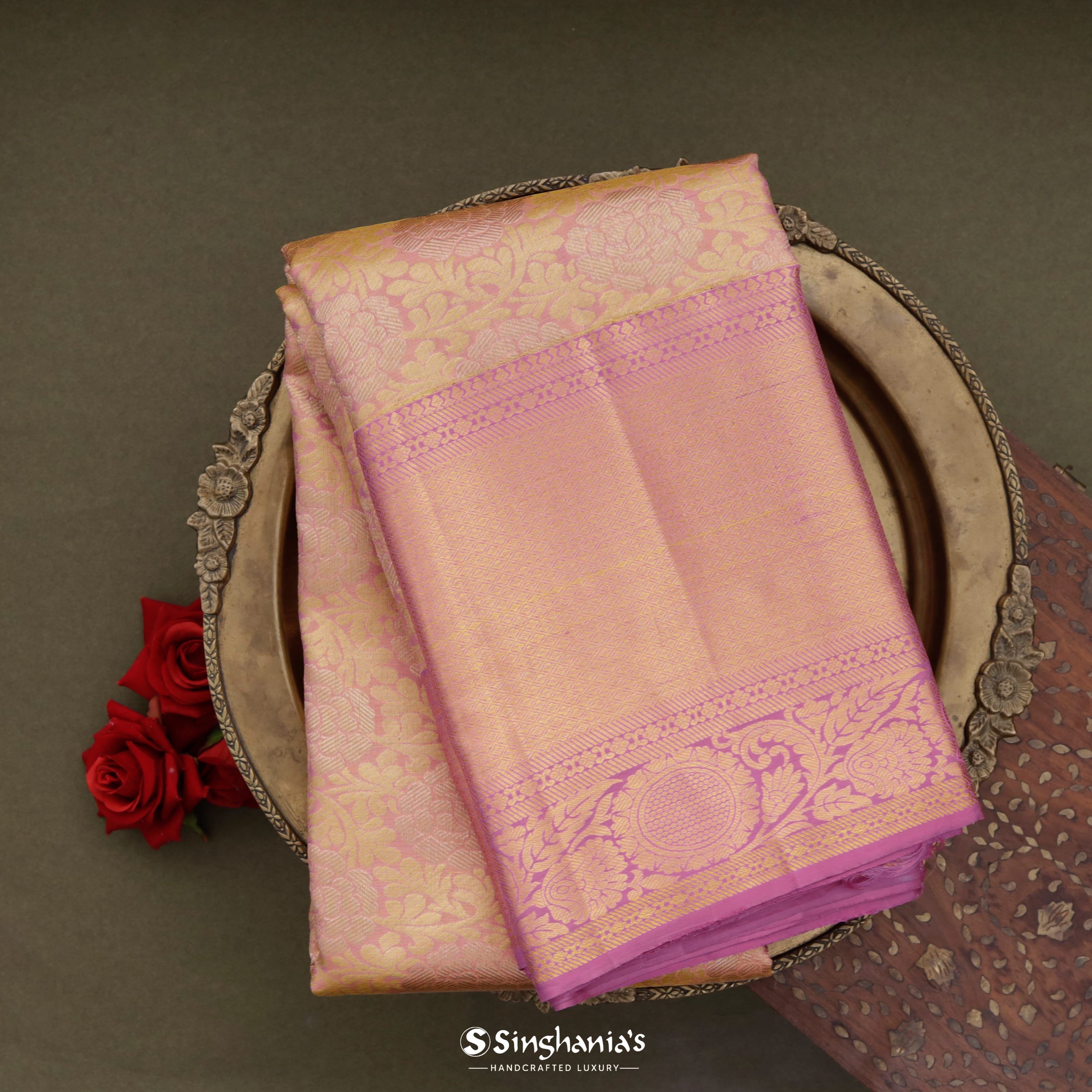 Blush Pink Kanjivaram Silk Saree With Floral Jaal Design