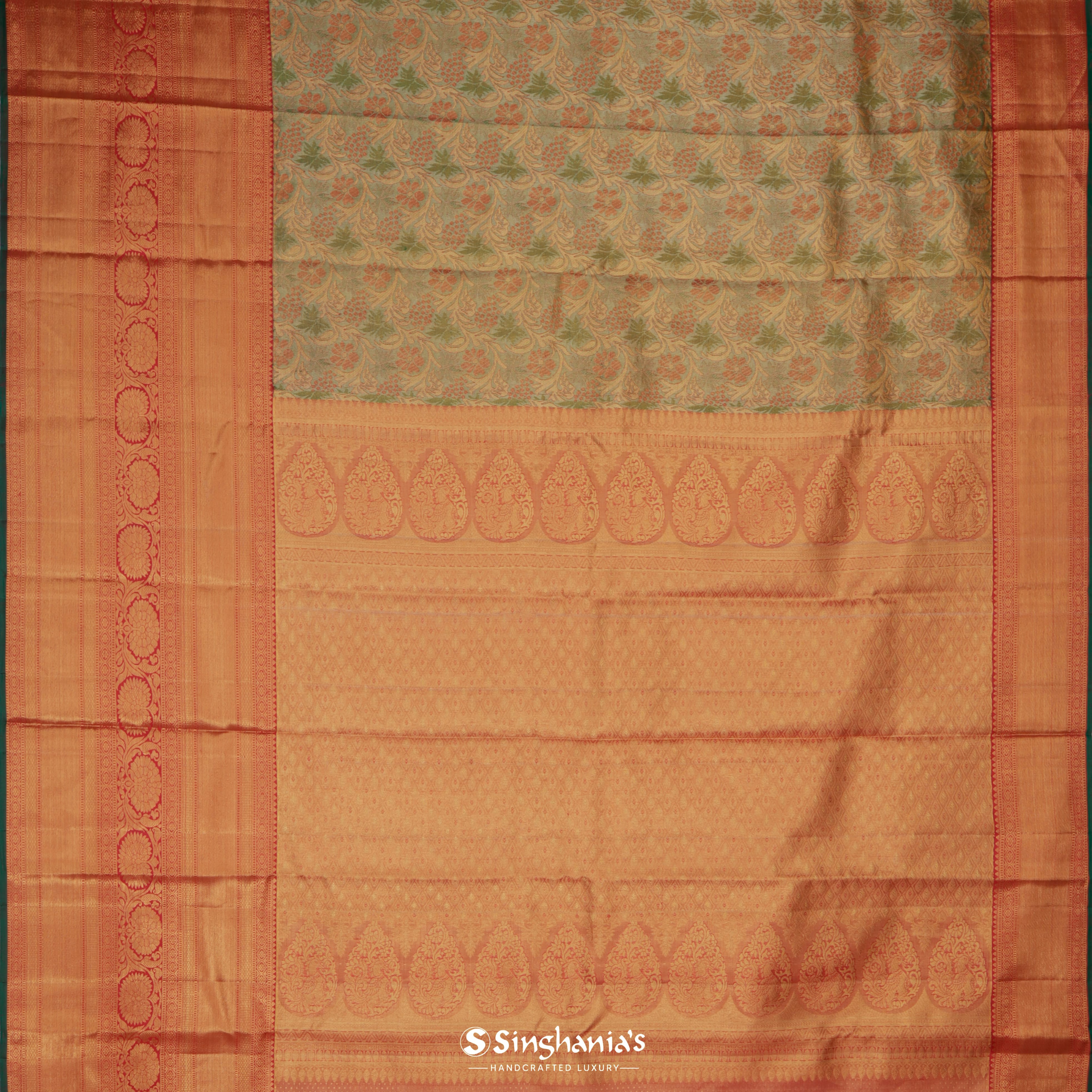Fern Green Kanjivaram Silk Saree With Nature Inspired Motif Pattern