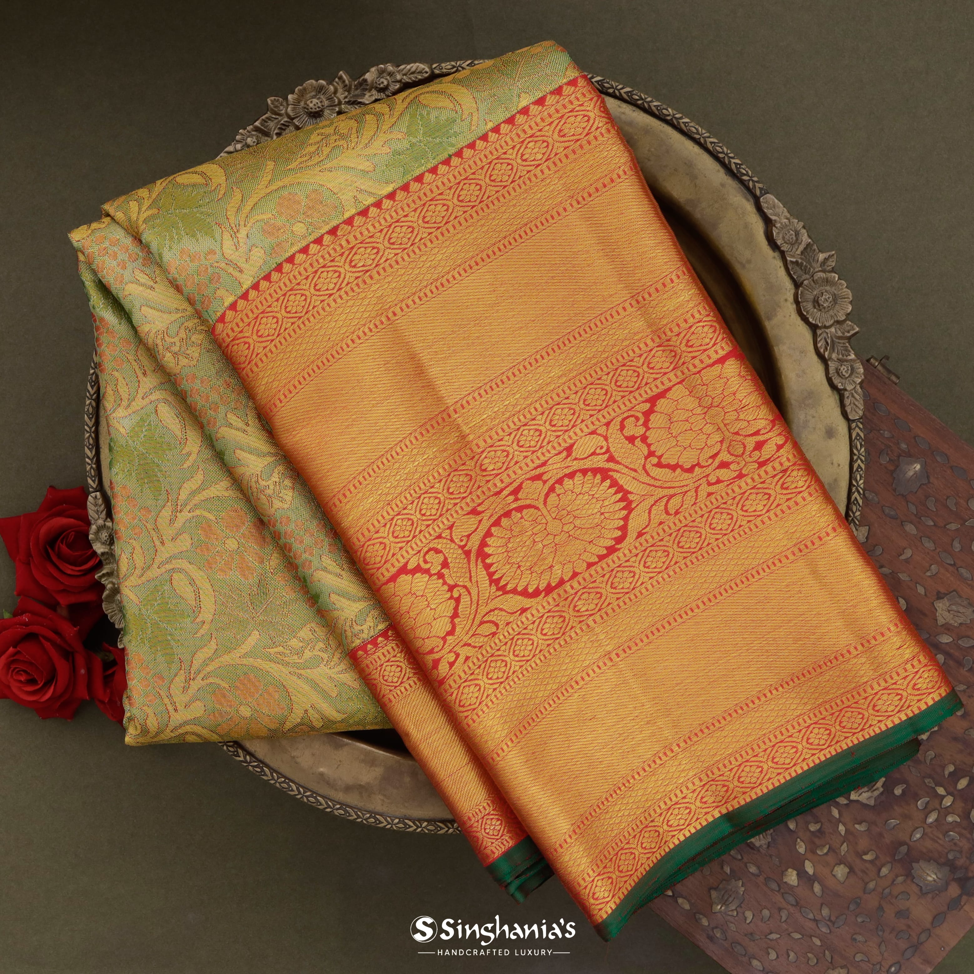 Fern Green Kanjivaram Silk Saree With Nature Inspired Motif Pattern