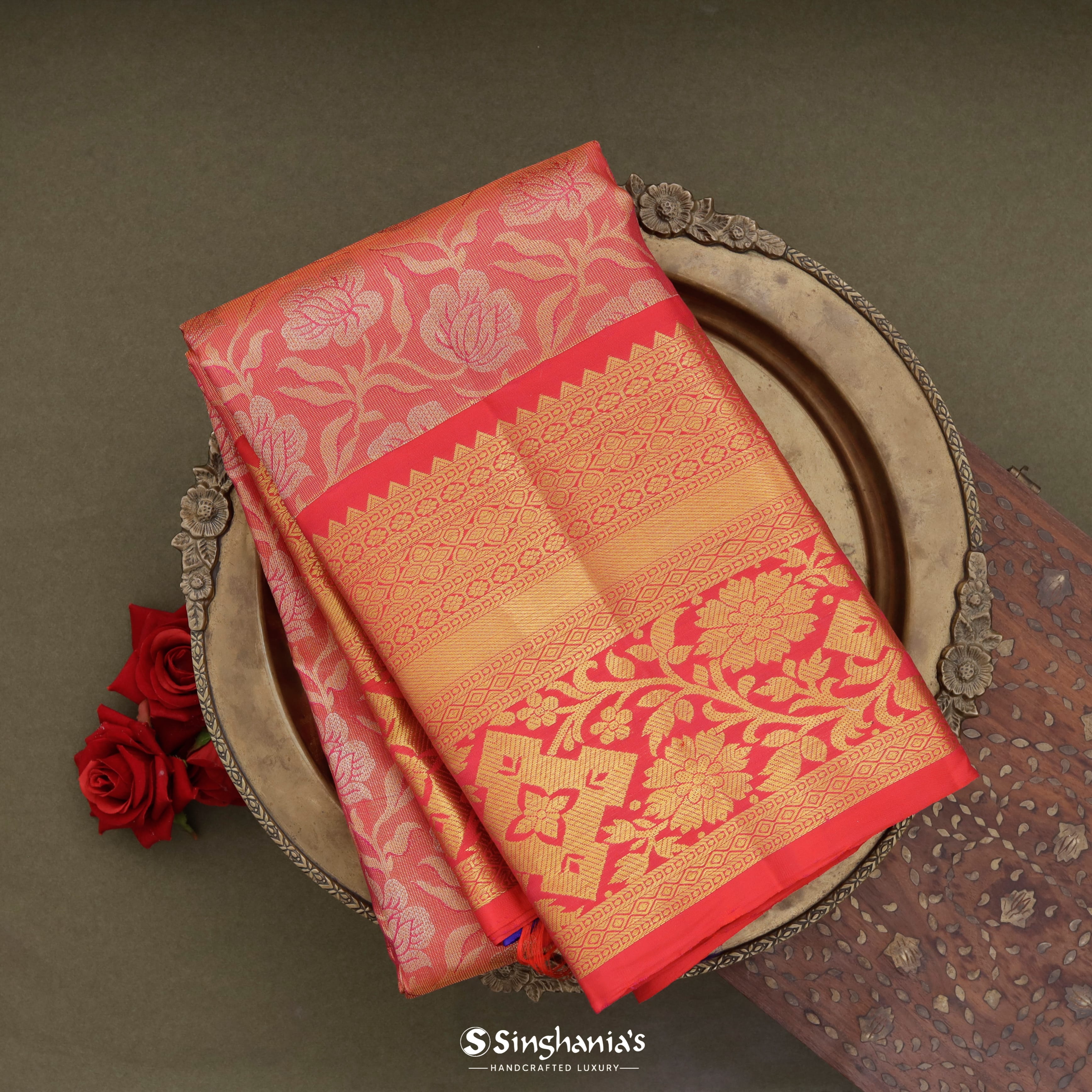 Amarnath Red Kanjivaram Silk Saree With Floral Jaal Pattern