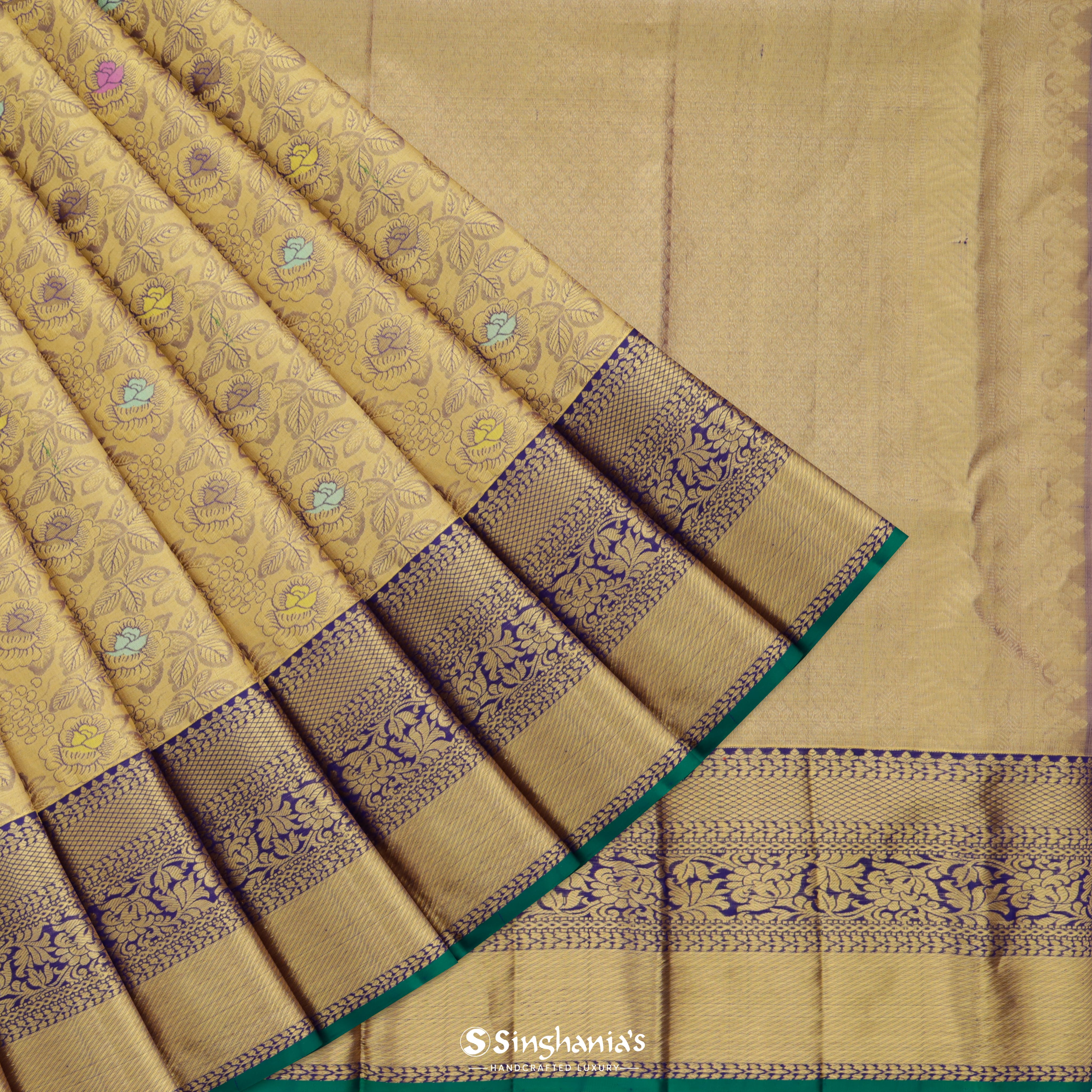 Crayola Yellow Kanjivaram Silk Saree With Floral Jaal Pattern