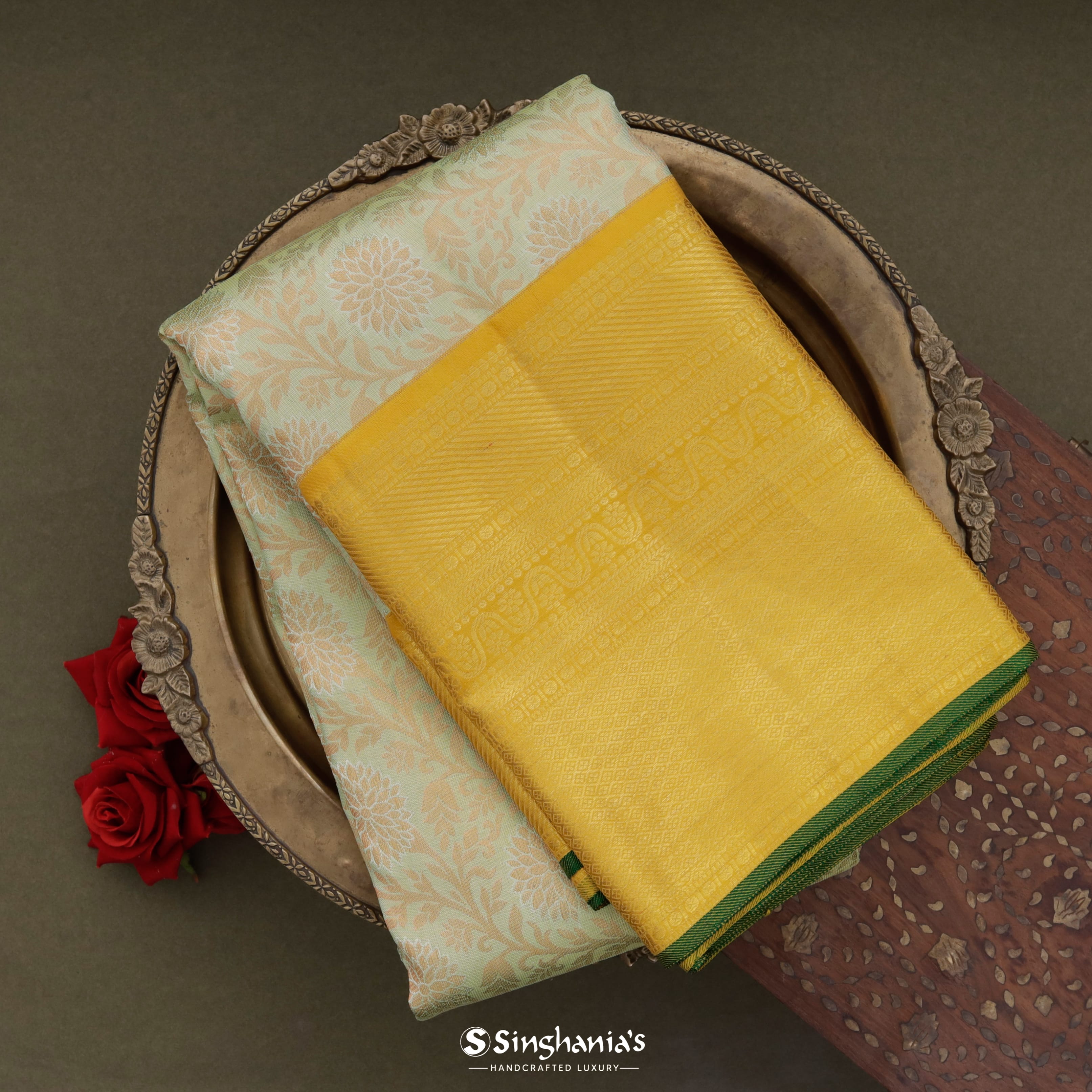 Pastel Green Kanjivaram Silk Saree With Floral Jaal Pattern