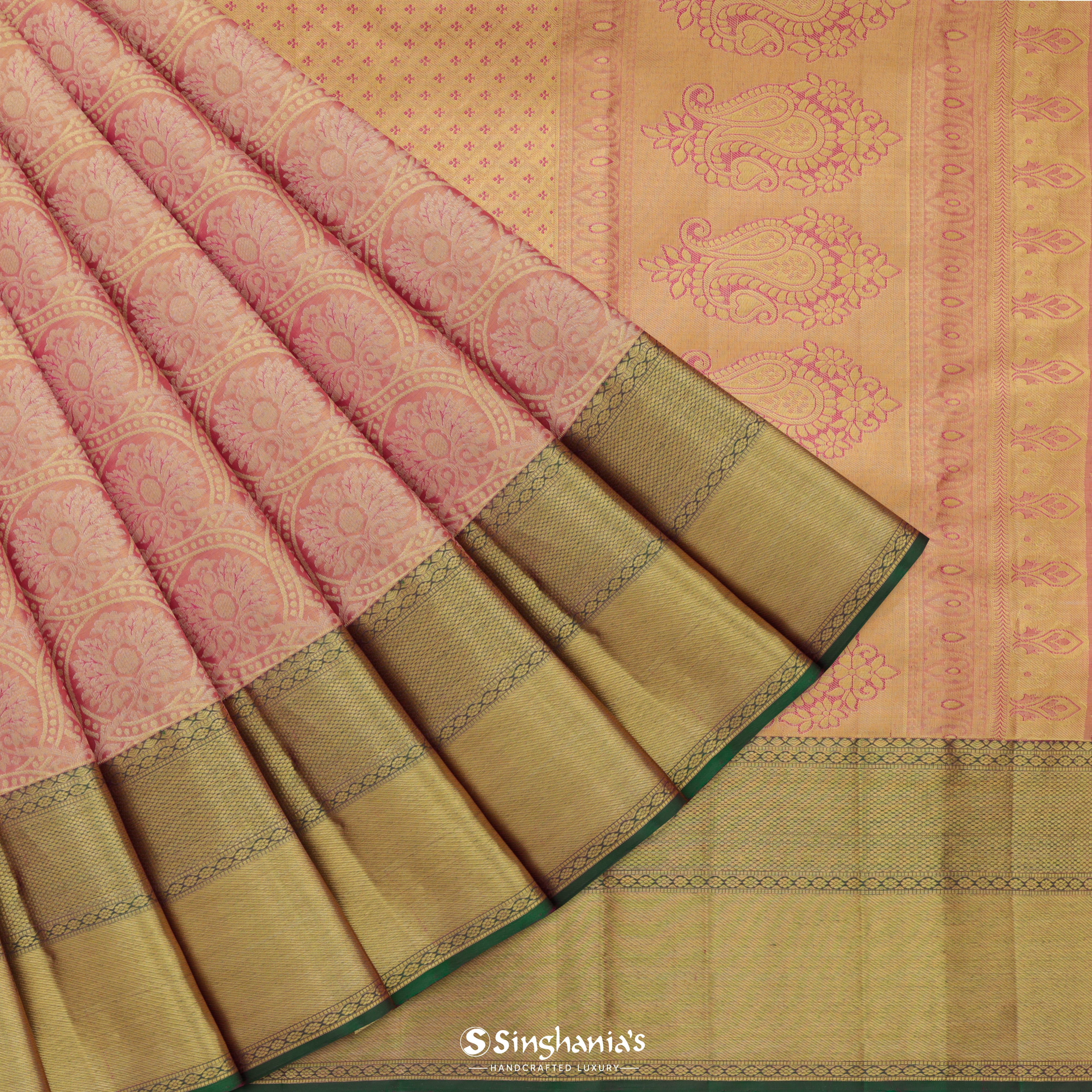 Light Coral Kanjivaram Silk Saree With Striped Floral Pattern
