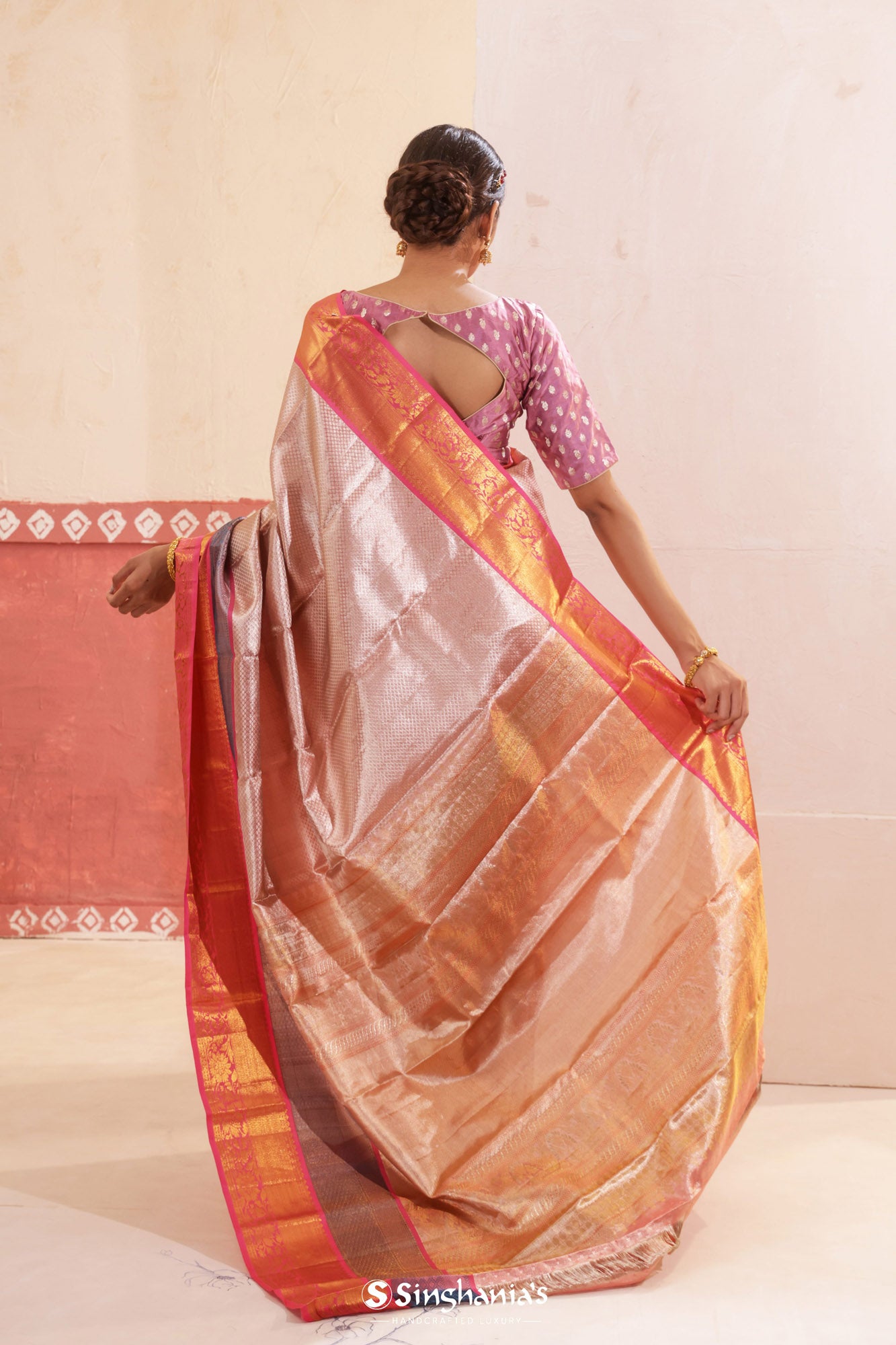 Baby Pink Tissue Kanjivaram Silk Saree With Geometrical Pattern