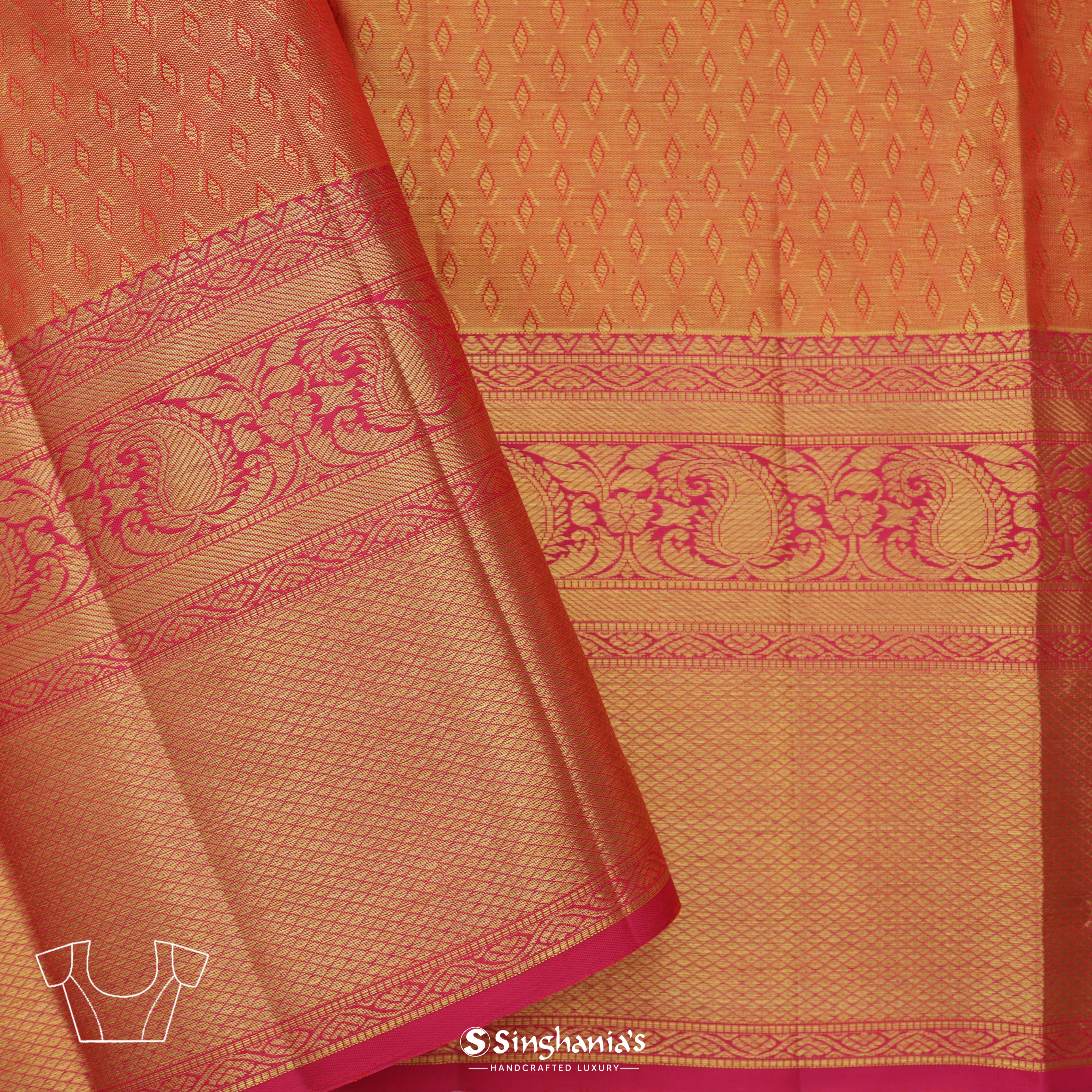 Brink Pink Kanjivaram Silk Saree With Geometric Pattern