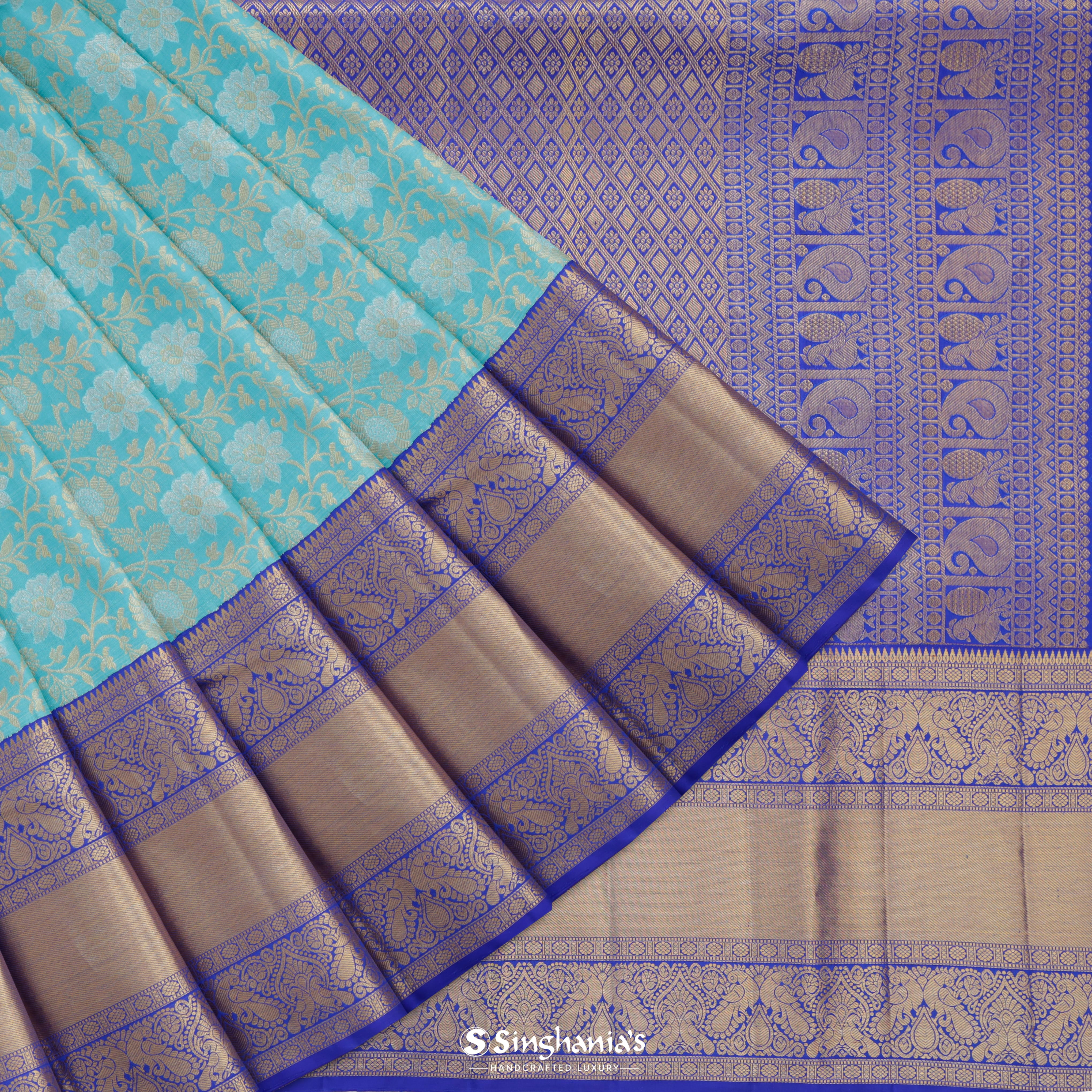 Turquoise Blue Kanjivaram Silk Saree With Floral Jaal Pattern