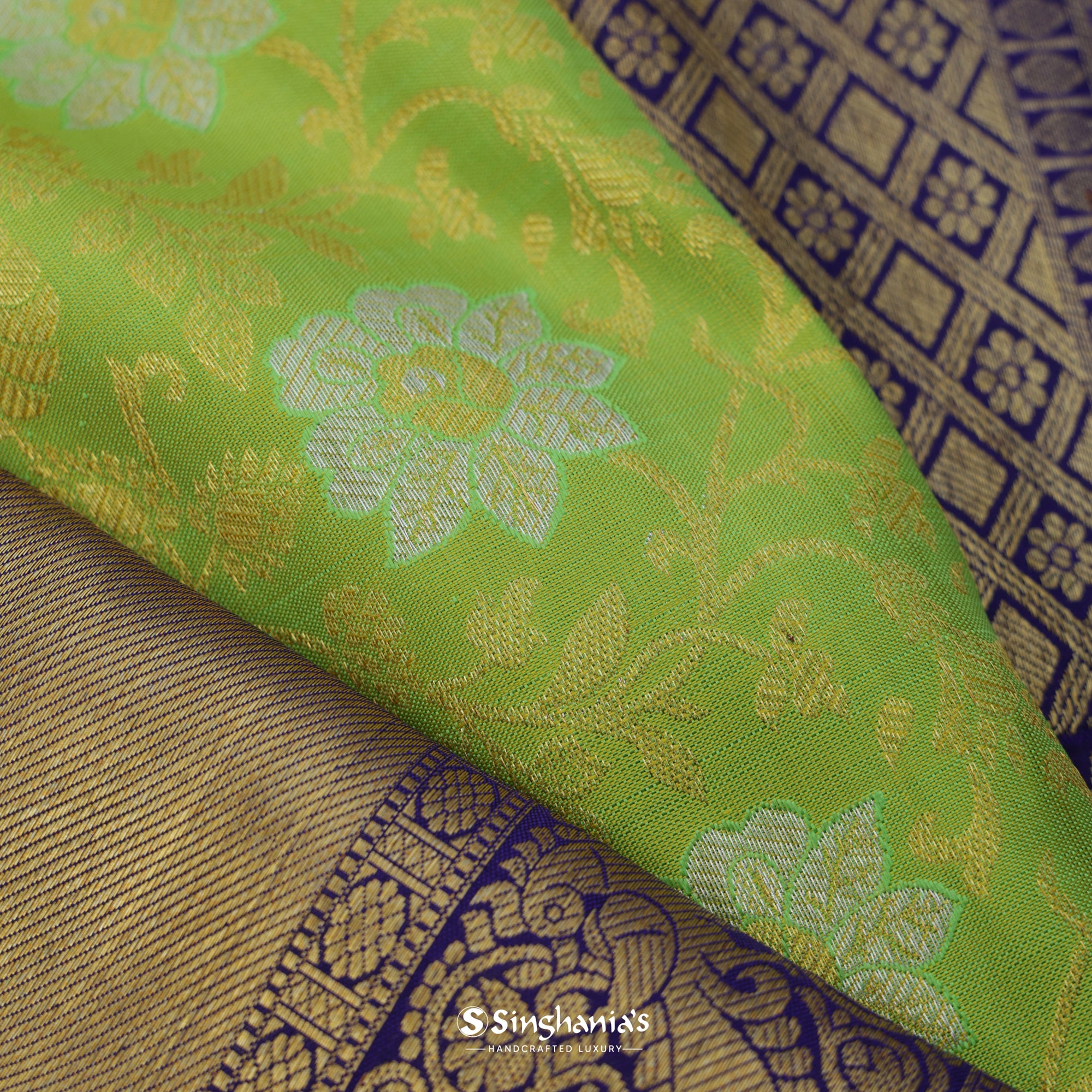 Inchworm Green Kanjivaram Silk Saree With Floral Jaal Weaving