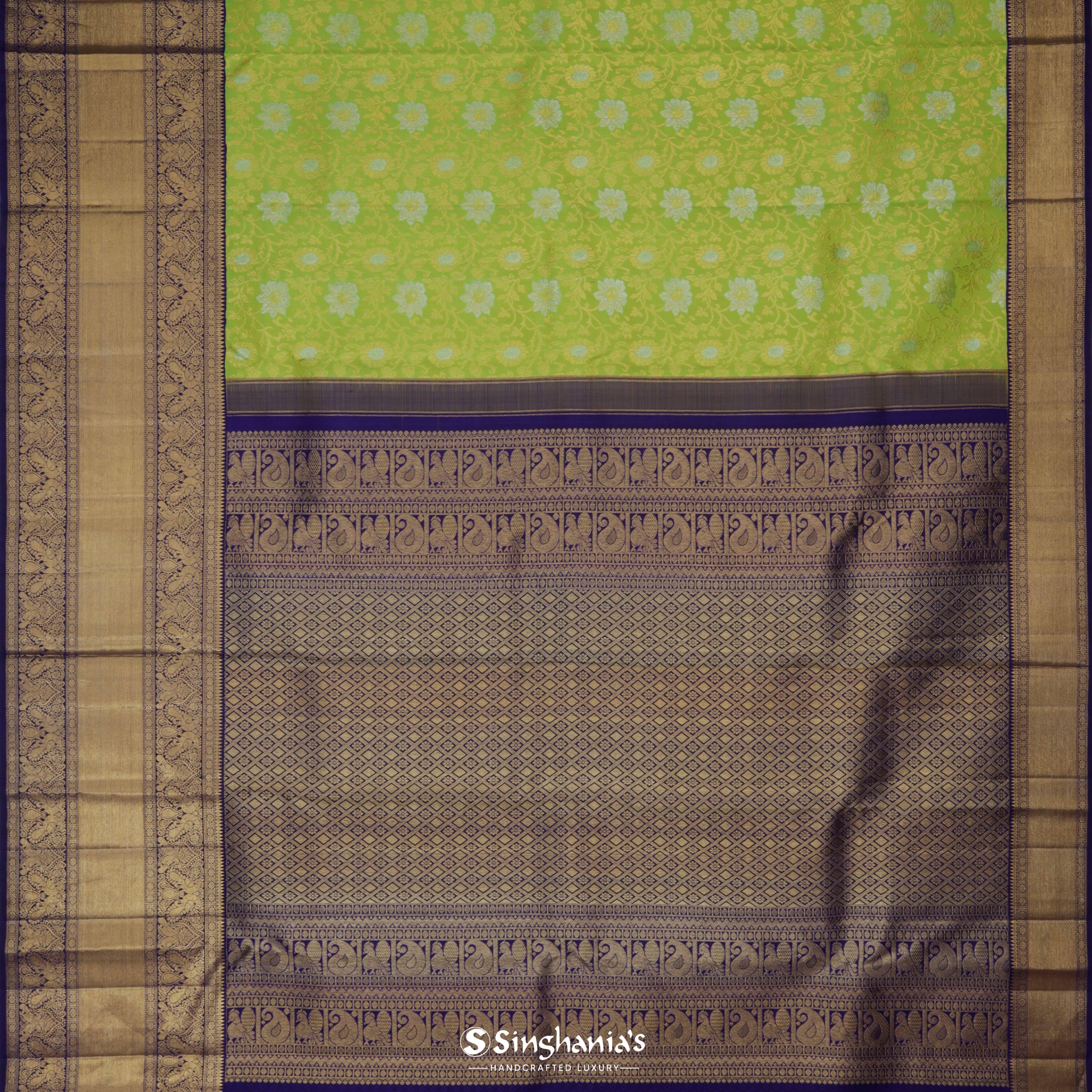 Lime Green Kanjivaram Silk Saree With Floral Jaal Pattern