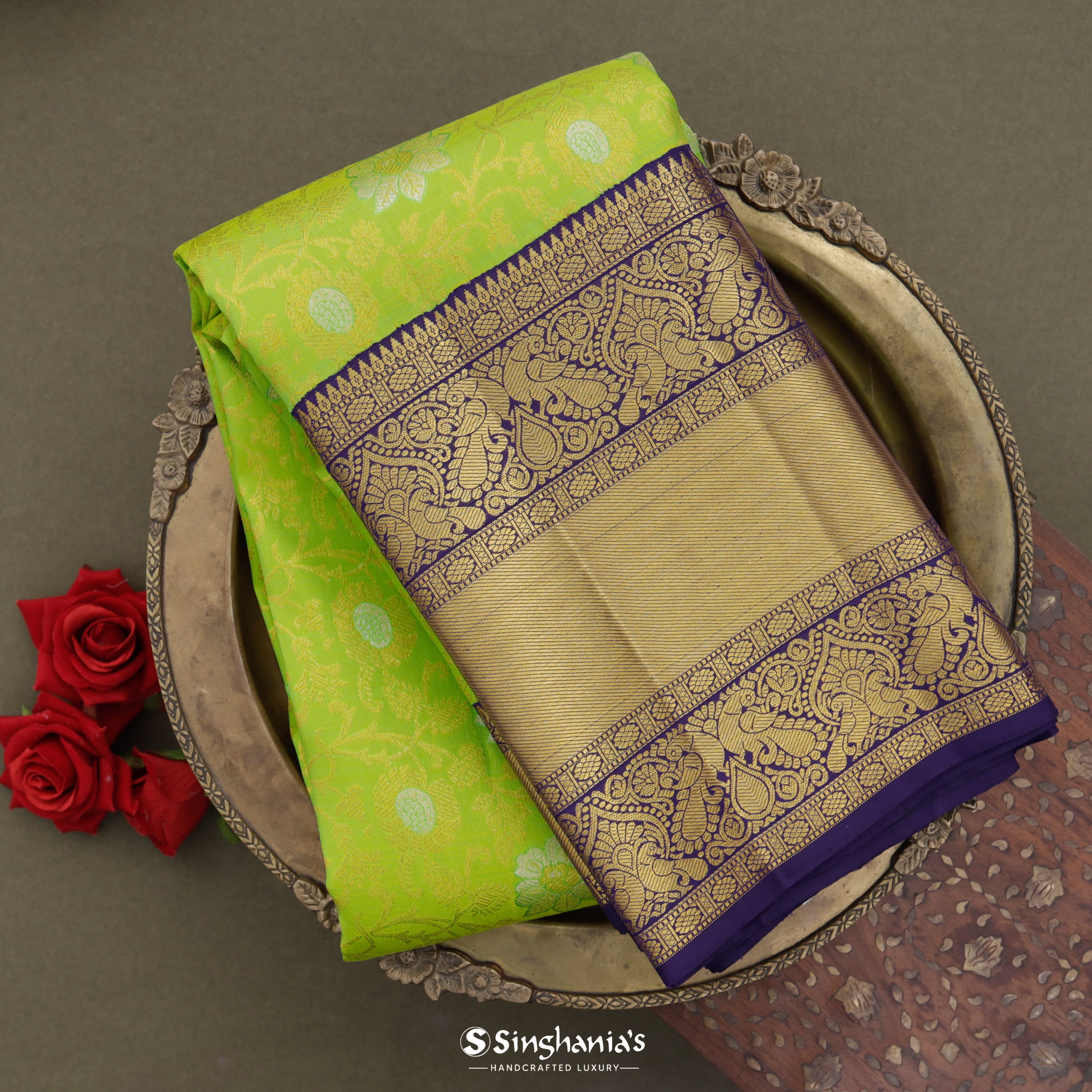 Lime Green Kanjivaram Silk Saree With Floral Jaal Pattern